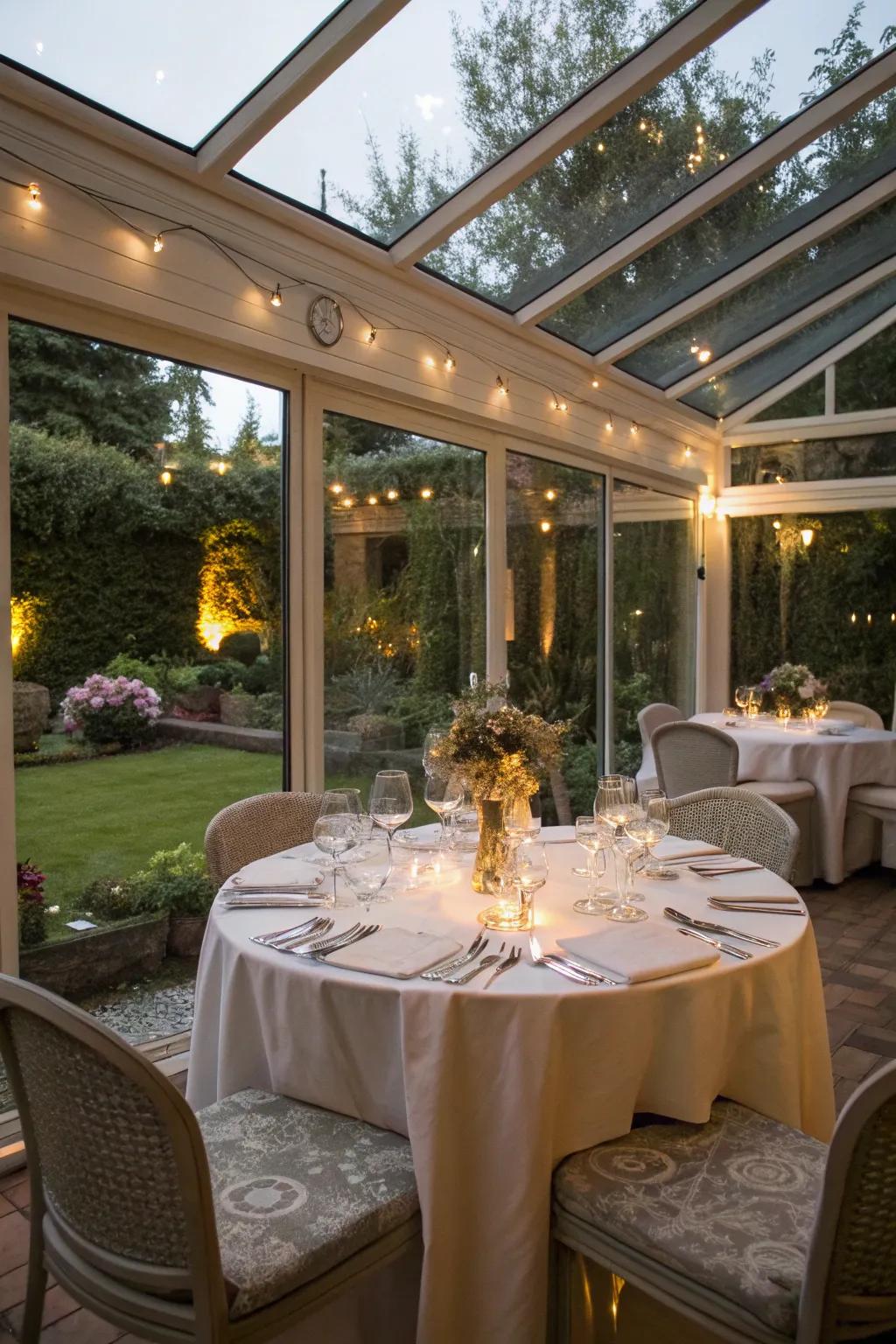 An elegant dining area that beautifully connects with nature.