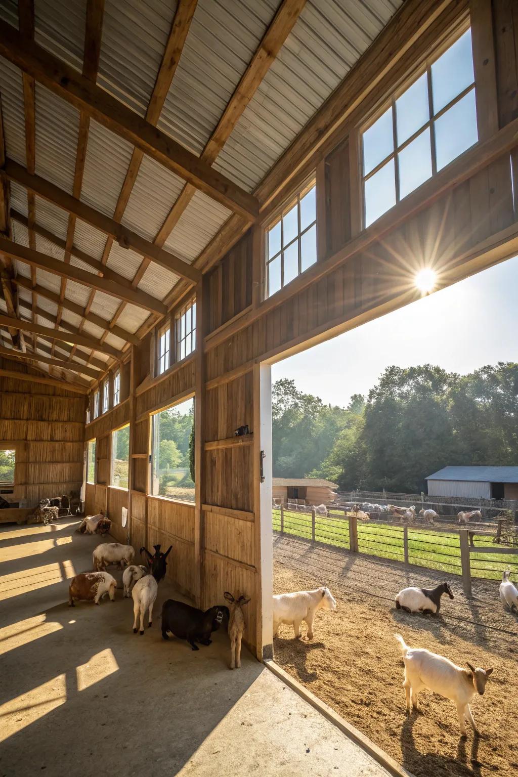 An open-air goat barn that provides excellent ventilation.
