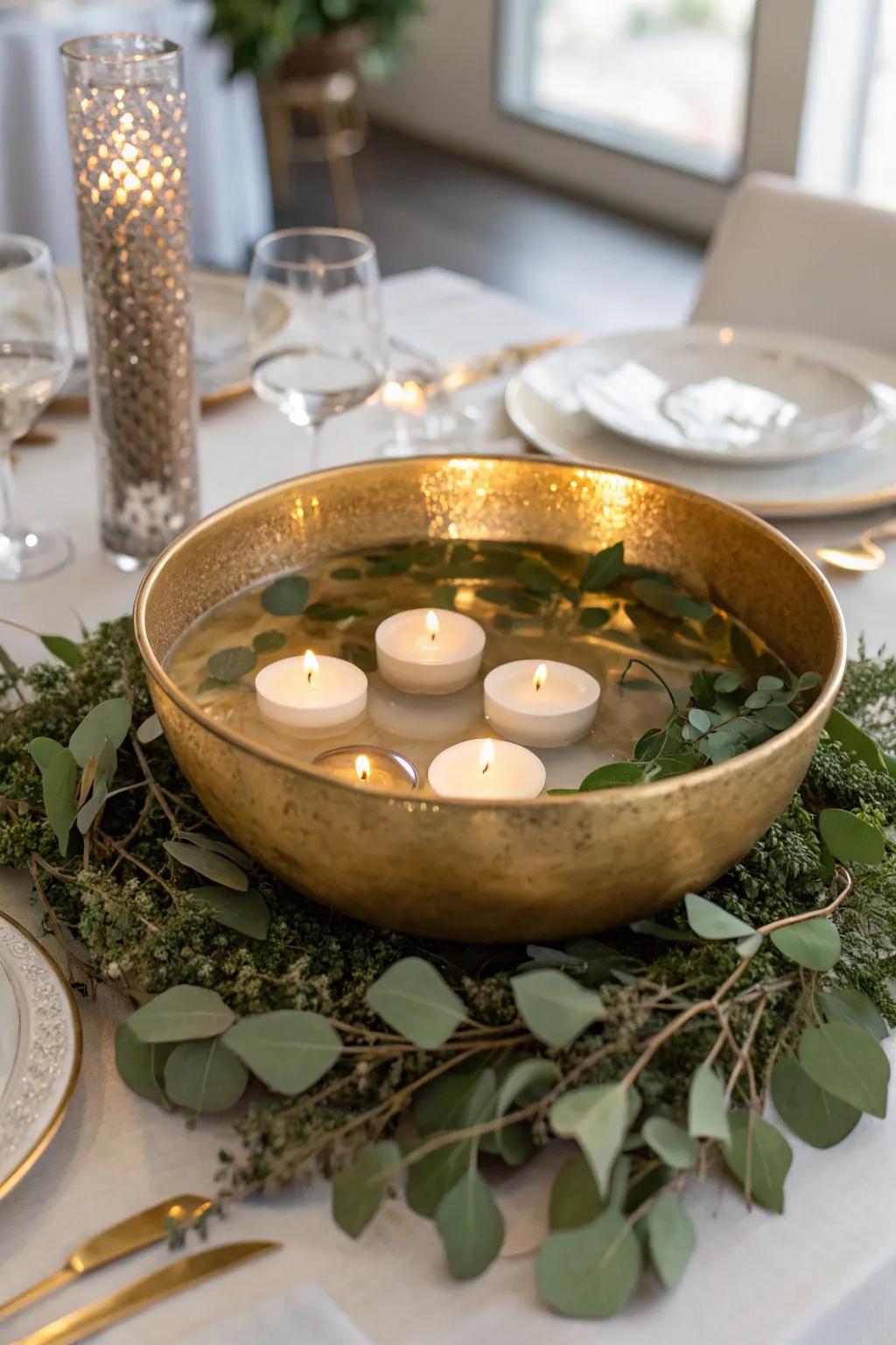 Cultivate a welcoming atmosphere through a gilded bowl paired with floating luminaries.