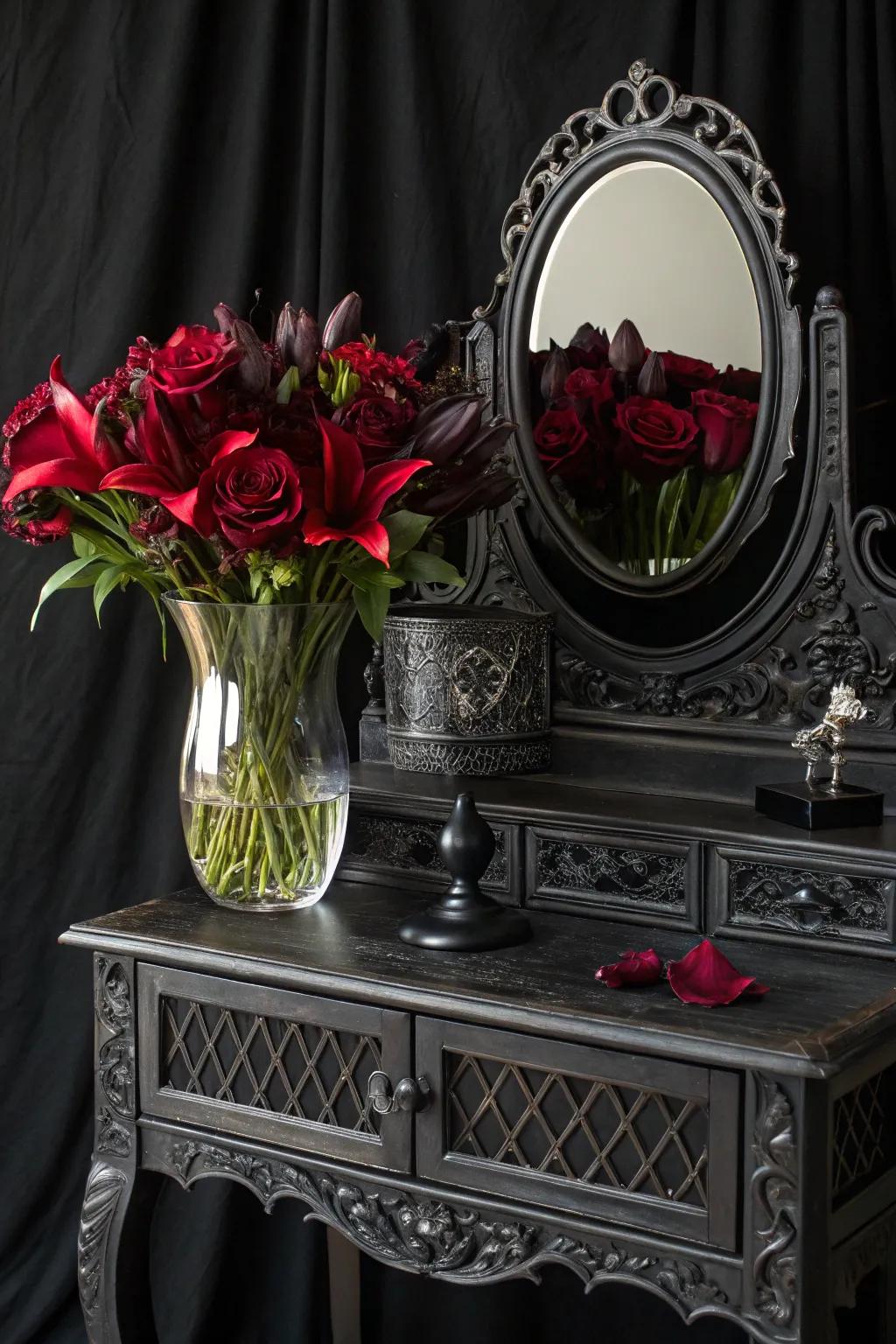 Deep toned florals impart natural drama to your shadowy dressing table.