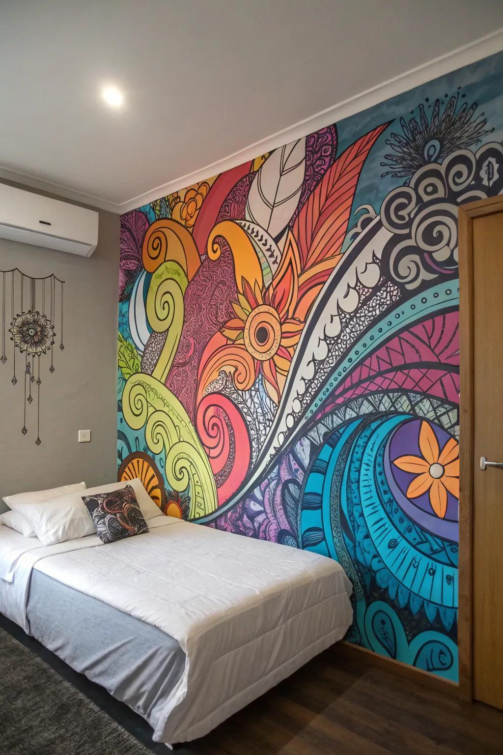Abstract graffiti elements adding depth to a bedroom