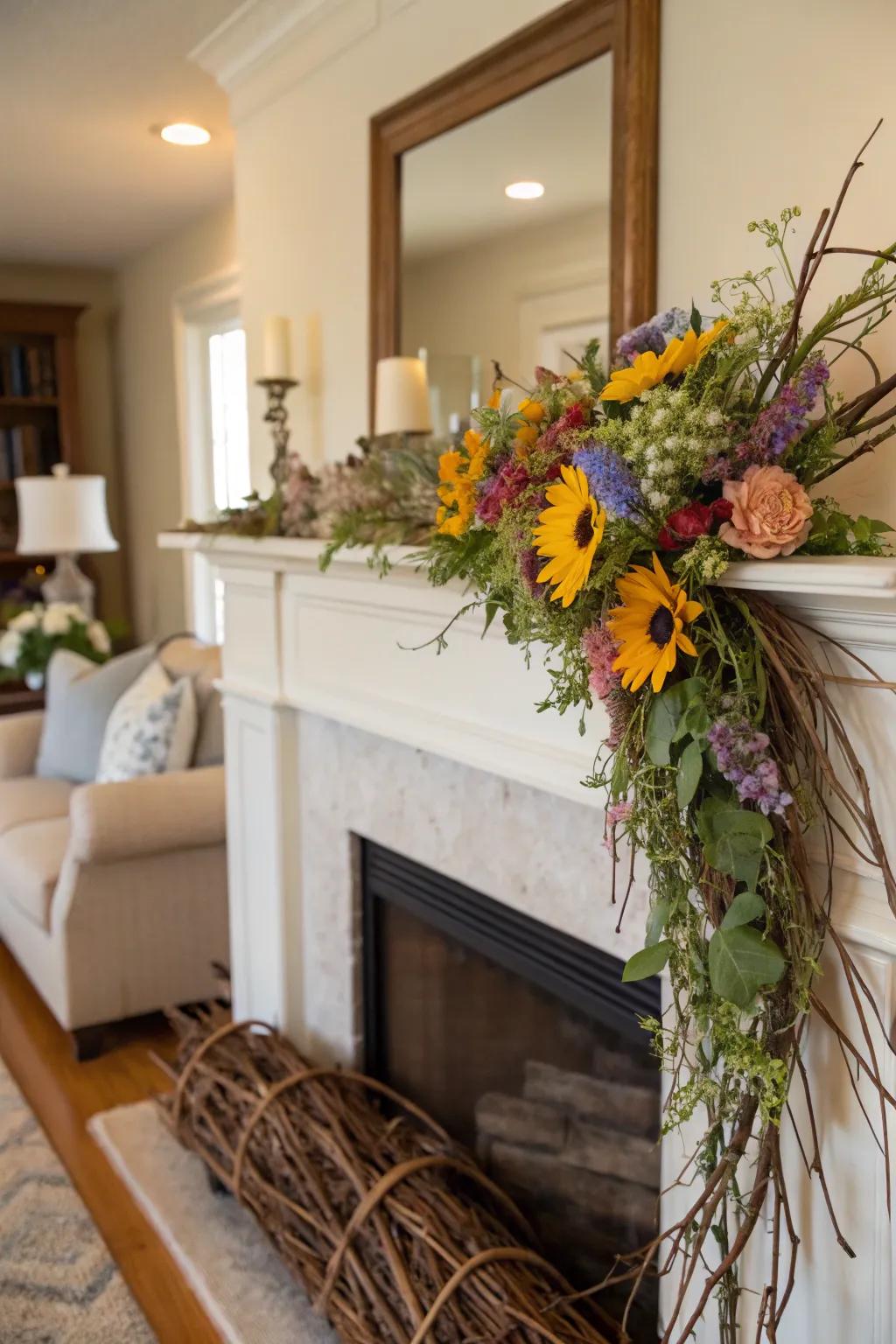 A country floral swag delivers countryside charm to a mantel.