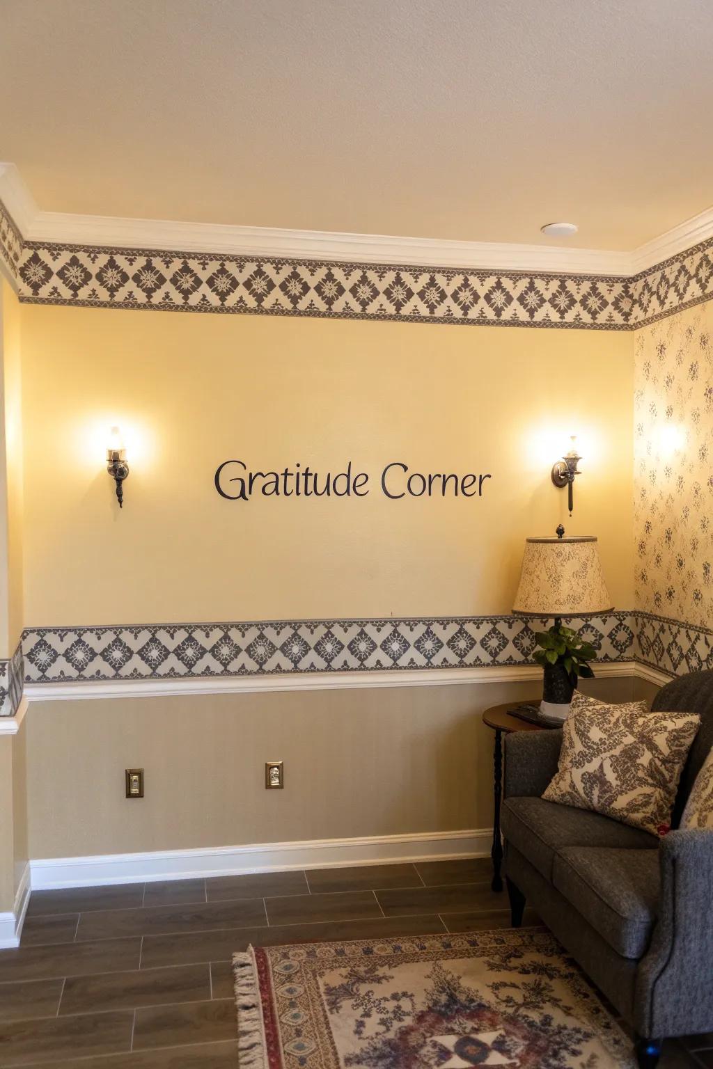 A gratitude wall featuring conceptual trims and titles.