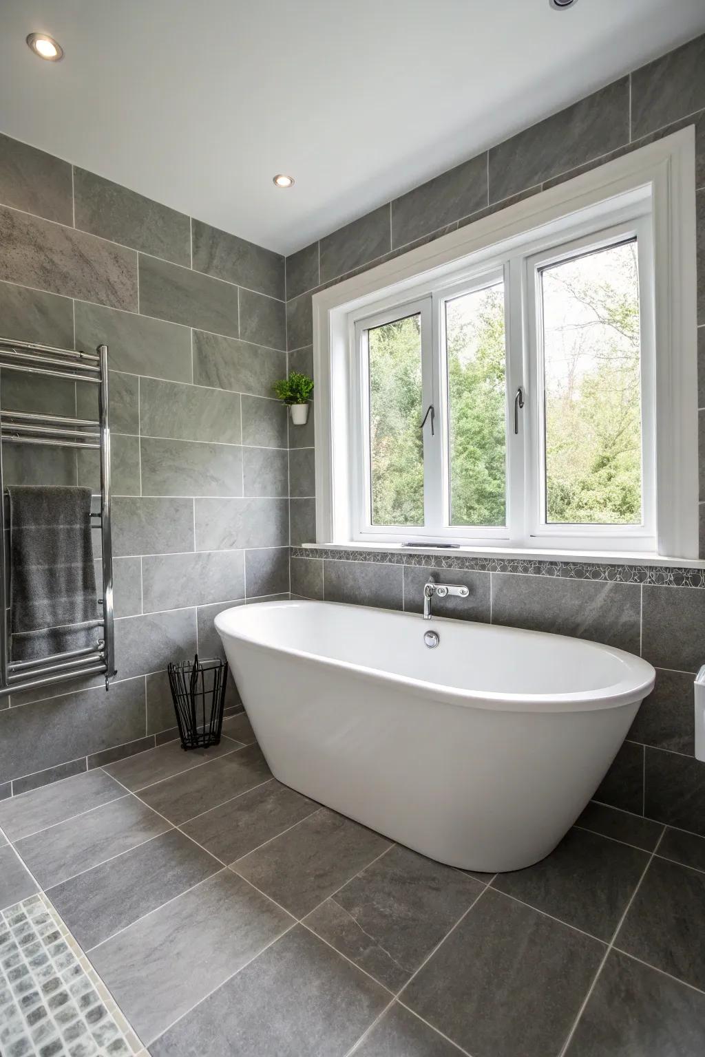 A freestanding bathtub is supreme luxury in a gray and white bathroom.