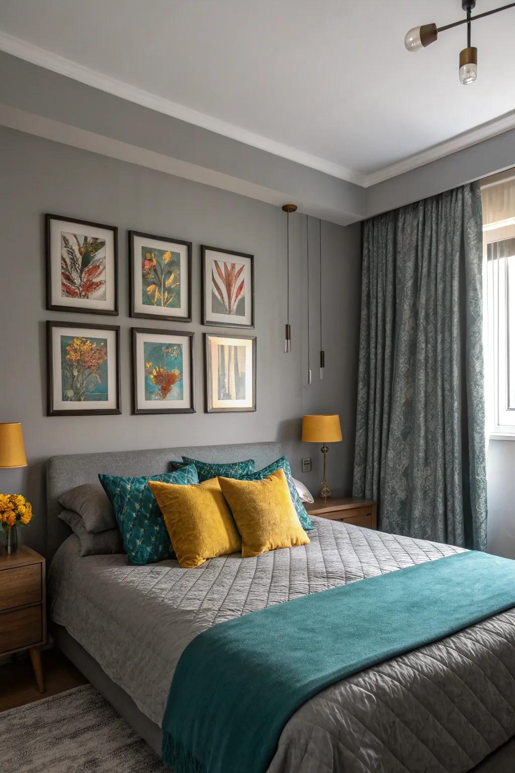 Bright accents inject an enlivening energy into the serene gray bedroom environment.
