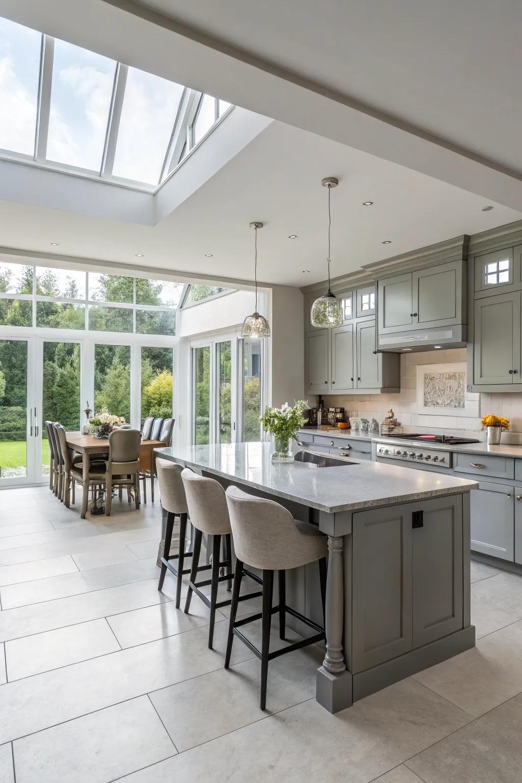 An open-concept kitchen area where gray cabinets serve to unify the entire space.
