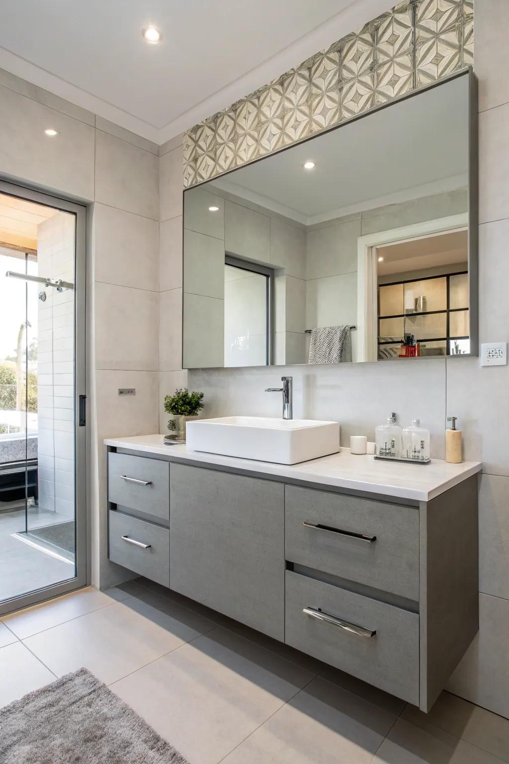 A floating gray vanity boosting the modern look of the bathroom.
