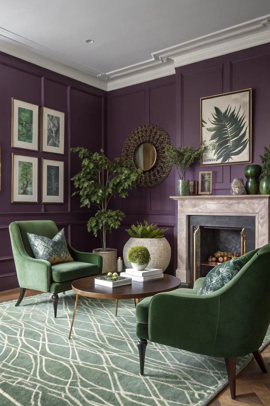 A striking purple highlight wall in a modern parlor.