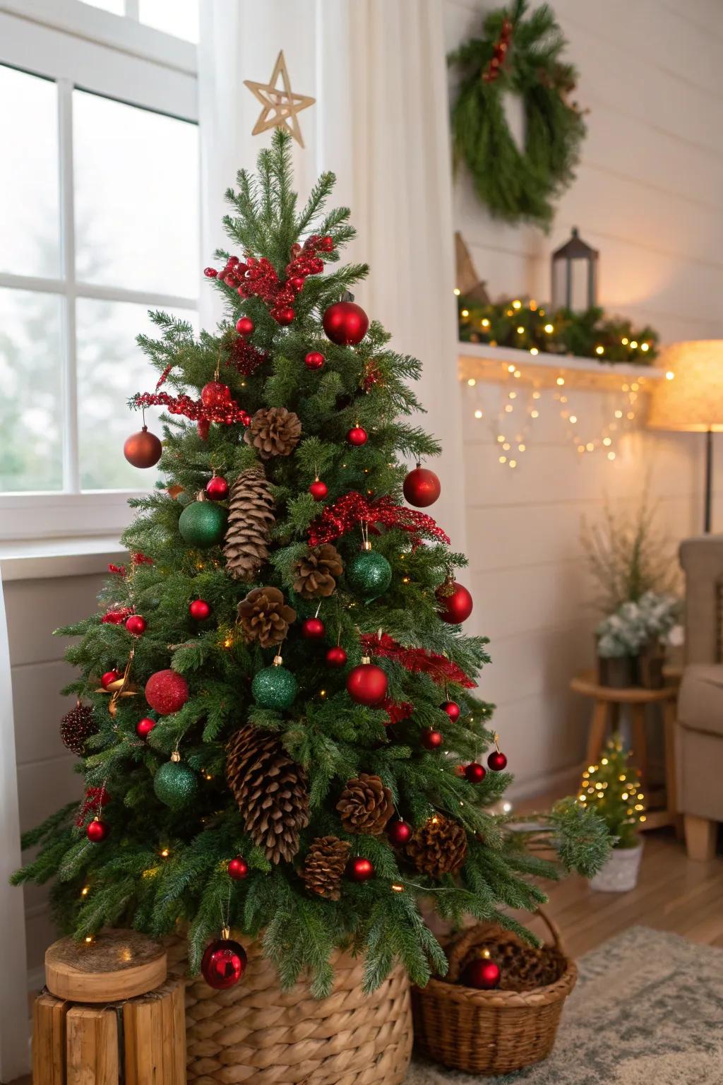 A Christmas tree with natural elements complementing the green and red theme.