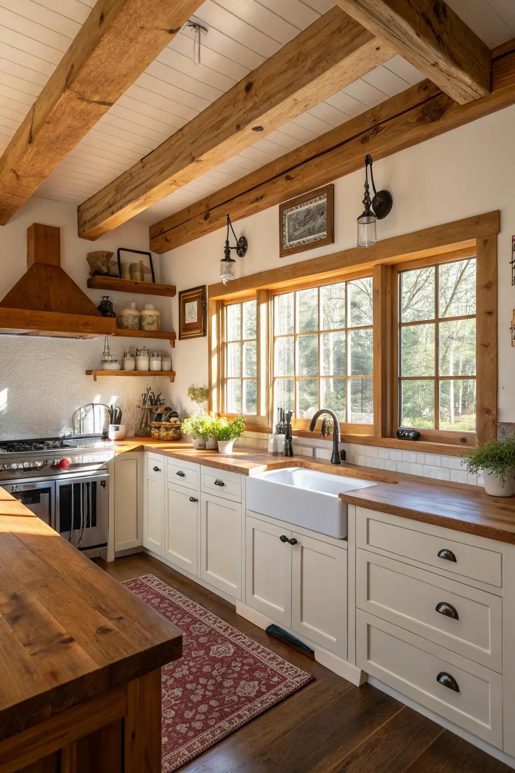 Raw wood accents bringing warmth to a green-centric kitchen theme.