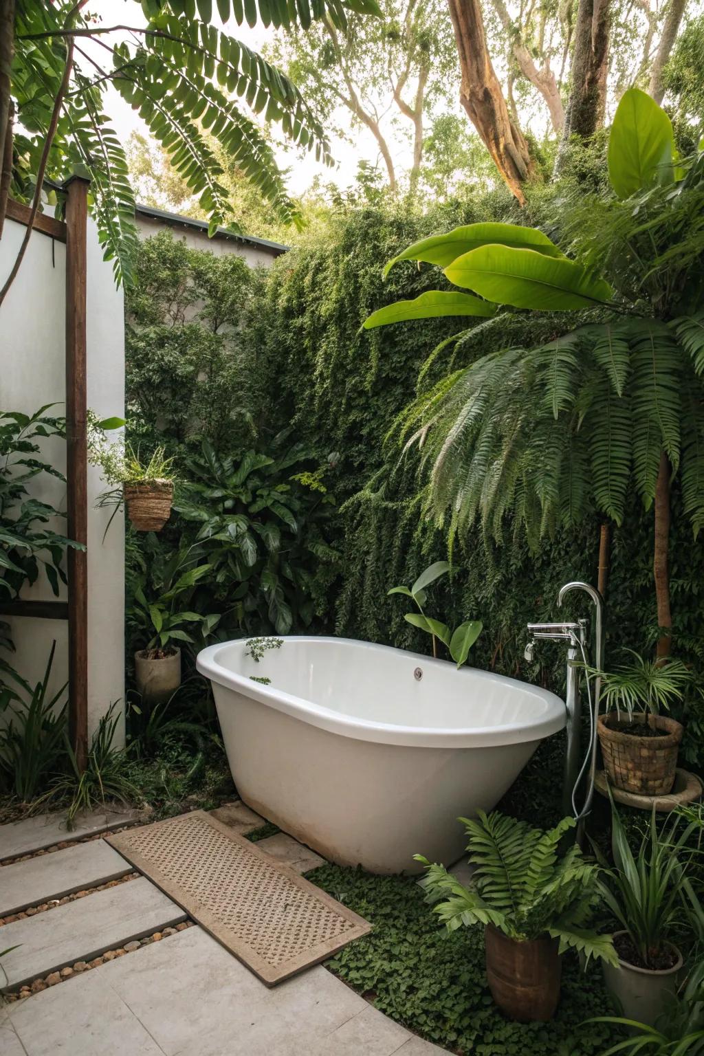 Unwind in a freestanding tub enveloped by nature.