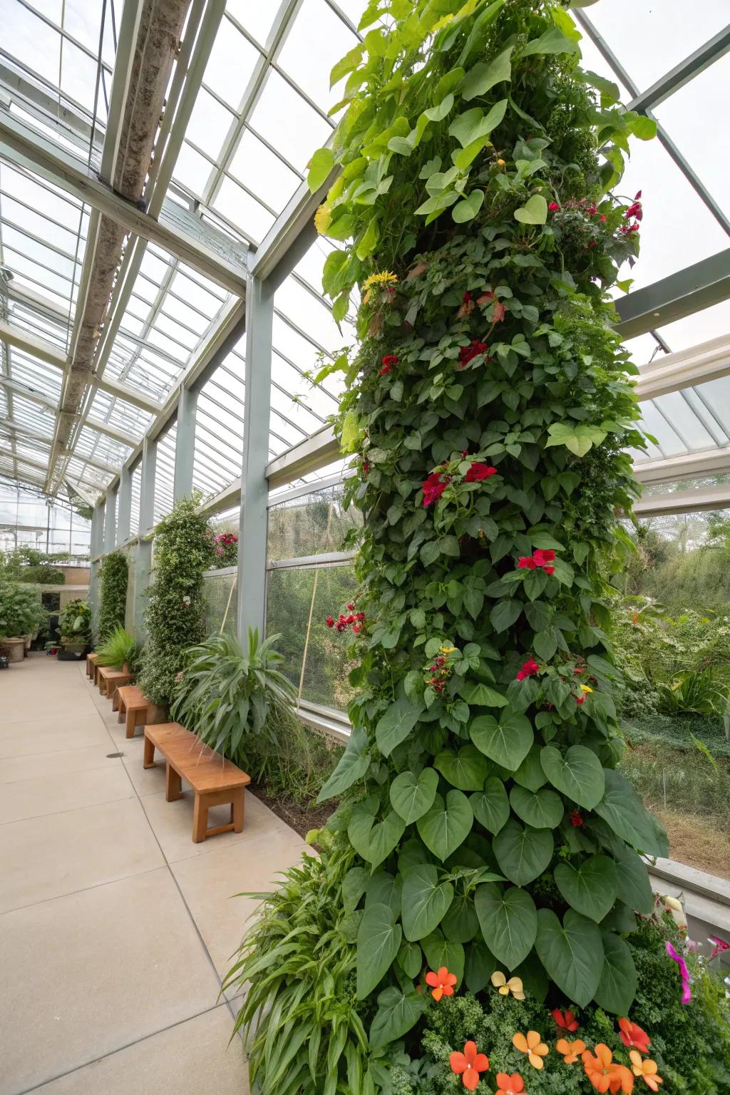Upright planting inside a greenhouse, forming a rich, verdant wall.