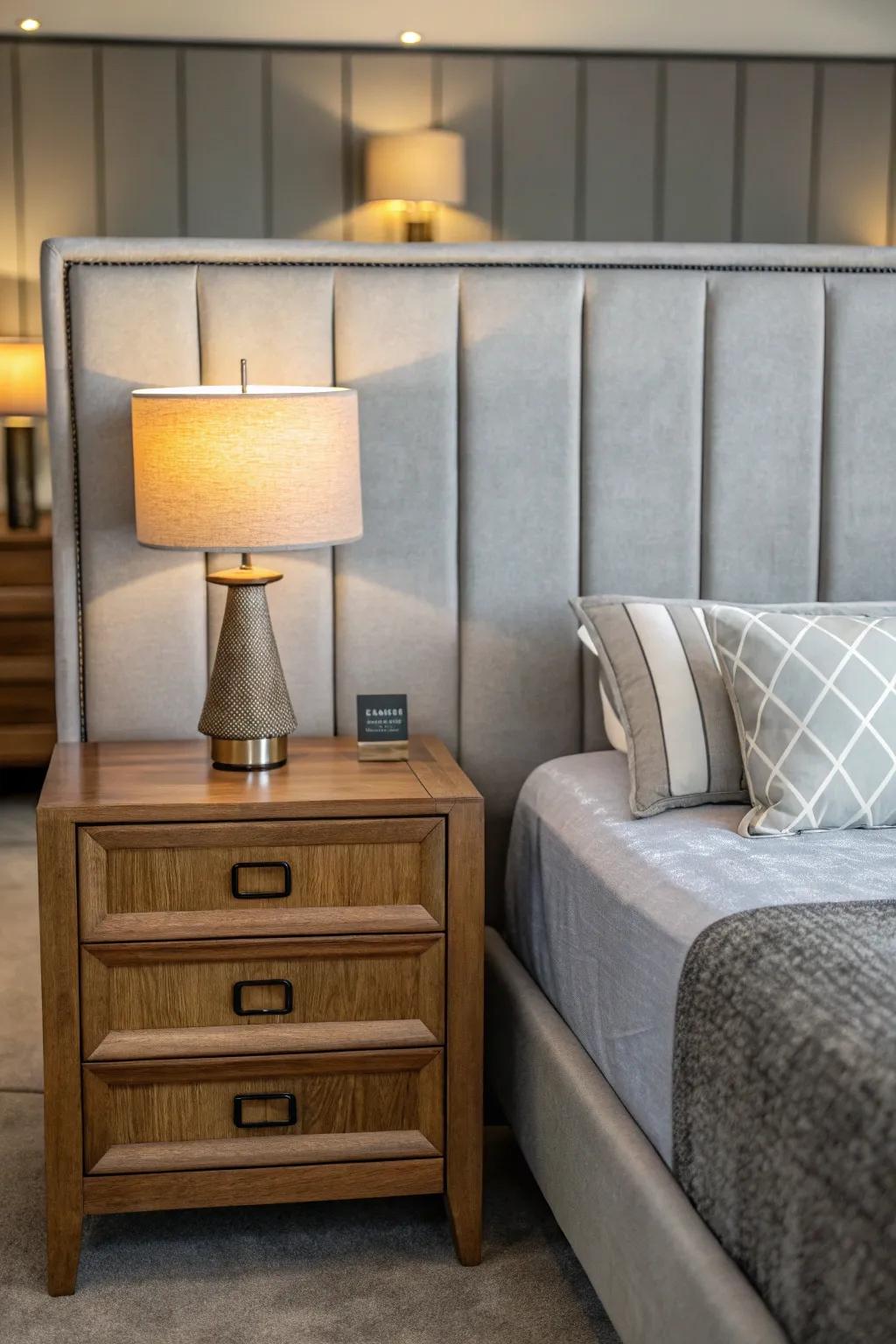 A harmonious bedroom design with furniture that matches the grey headboard.