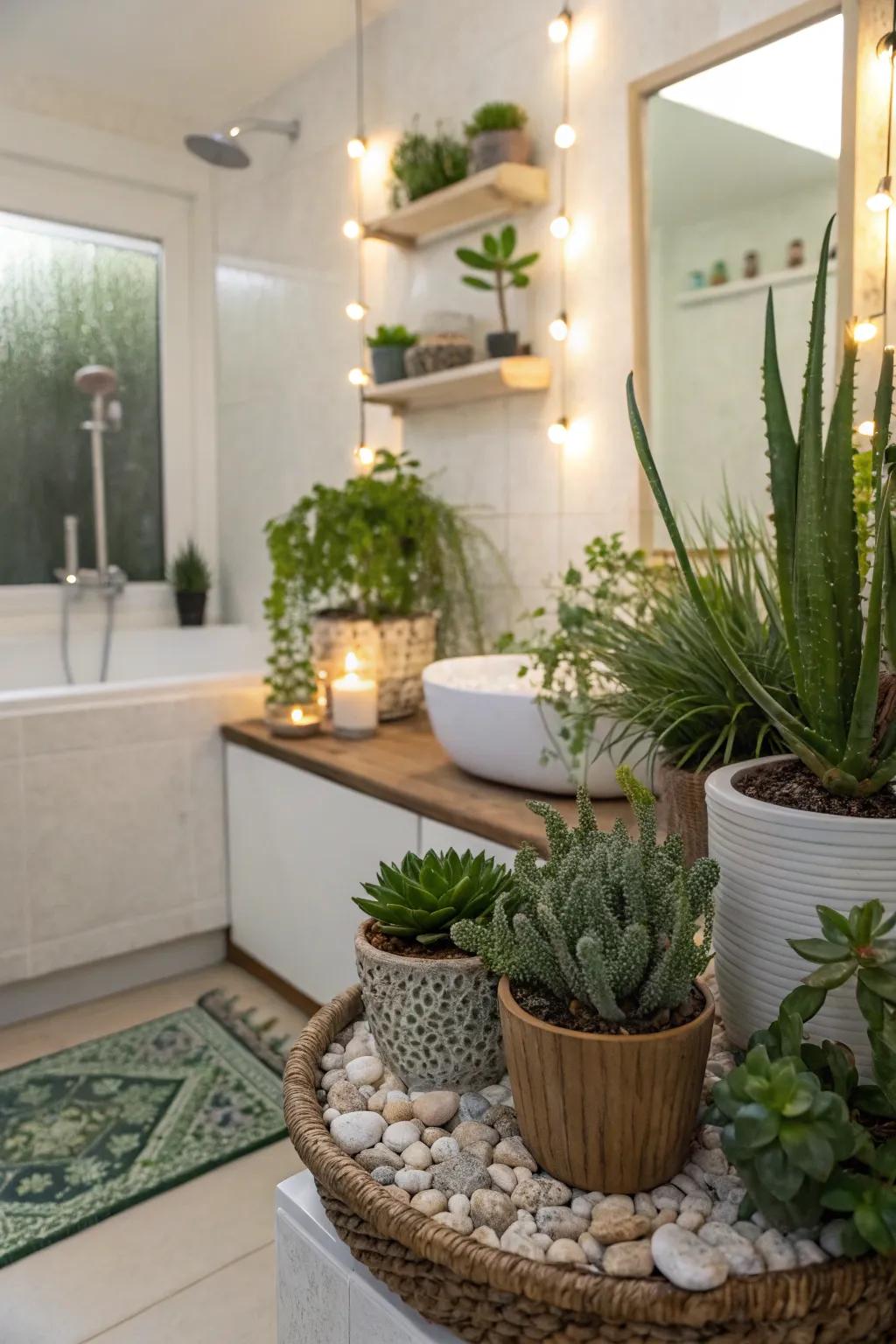 A guest bathroom enhanced with fresh greenery, including succulents and small plants.