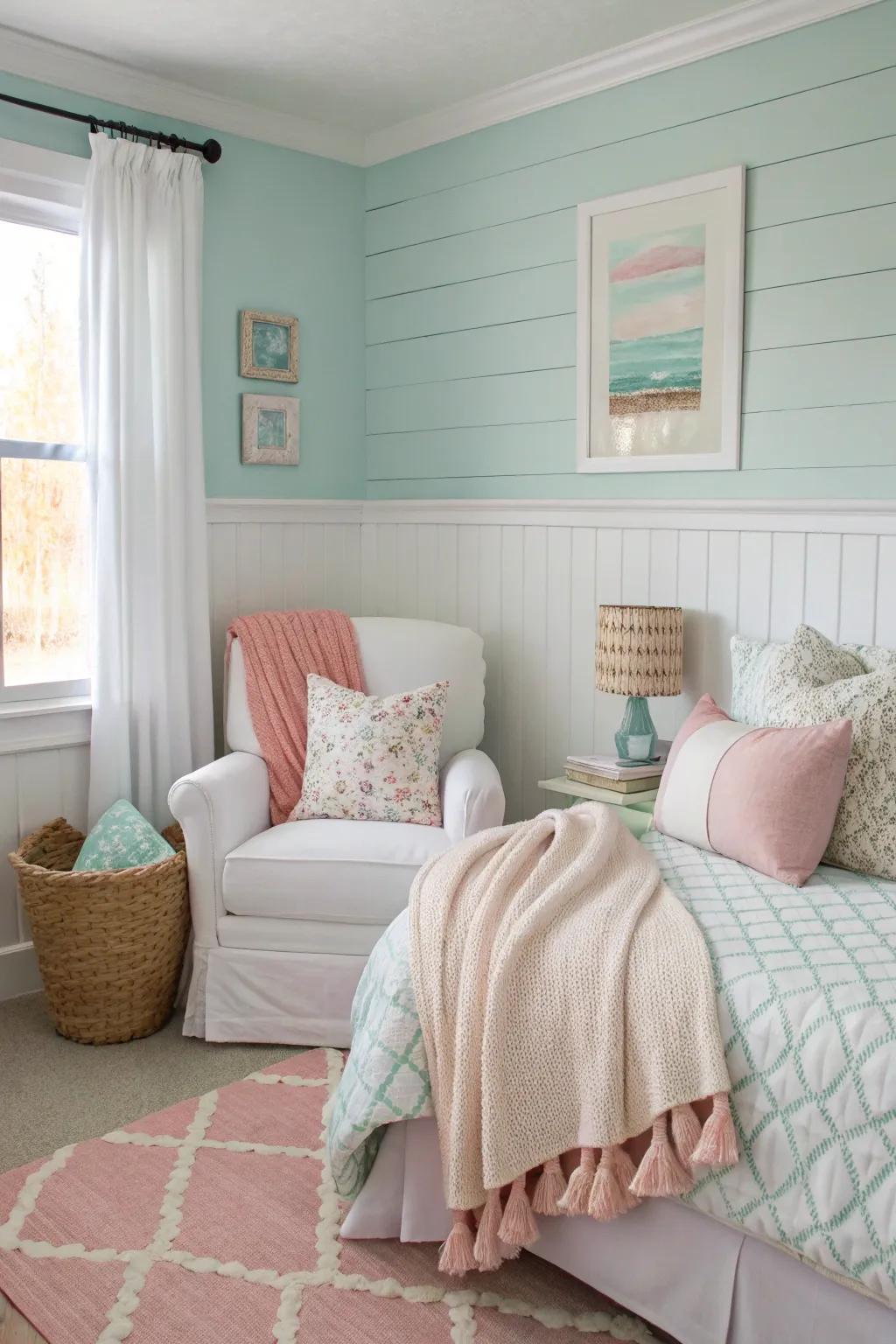 Gentle cladding adds a soft, soothing feel to this bedroom.