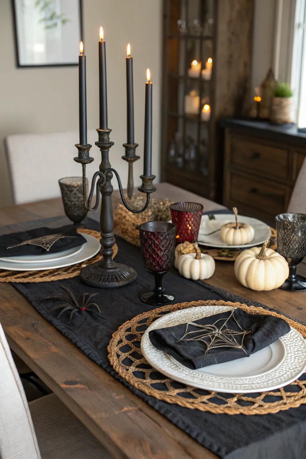 Elegantly lit candles for a hauntingly gorgeous tablescape.