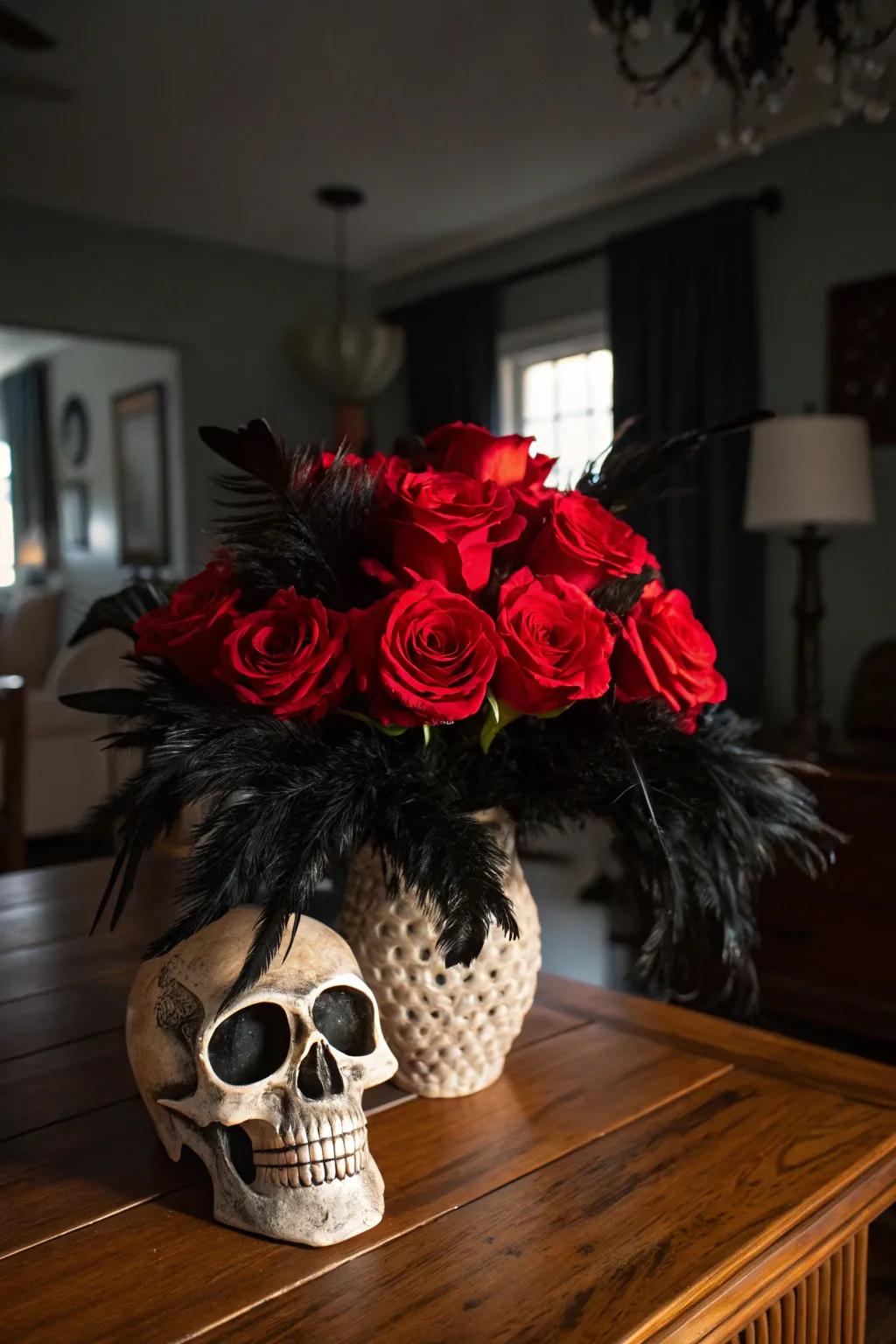 Fearlessly chic, this skull vase composition injects a dramatic vibe into Halloween styling.