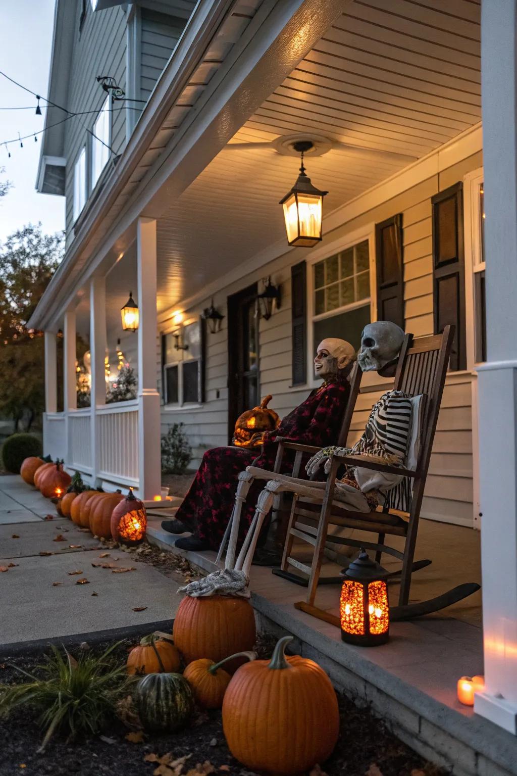 Veranda adornment with skeletal figures fashions a cordial salutation for Halloween attendees.