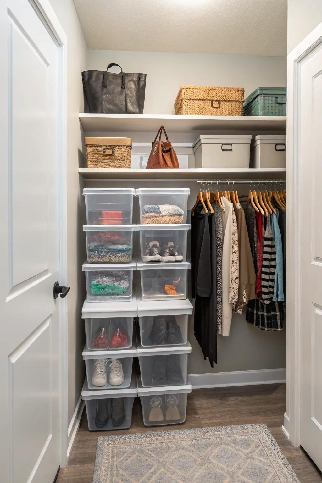 See-through storage bins inside a hallway closet that allows you to easily identify contents.
