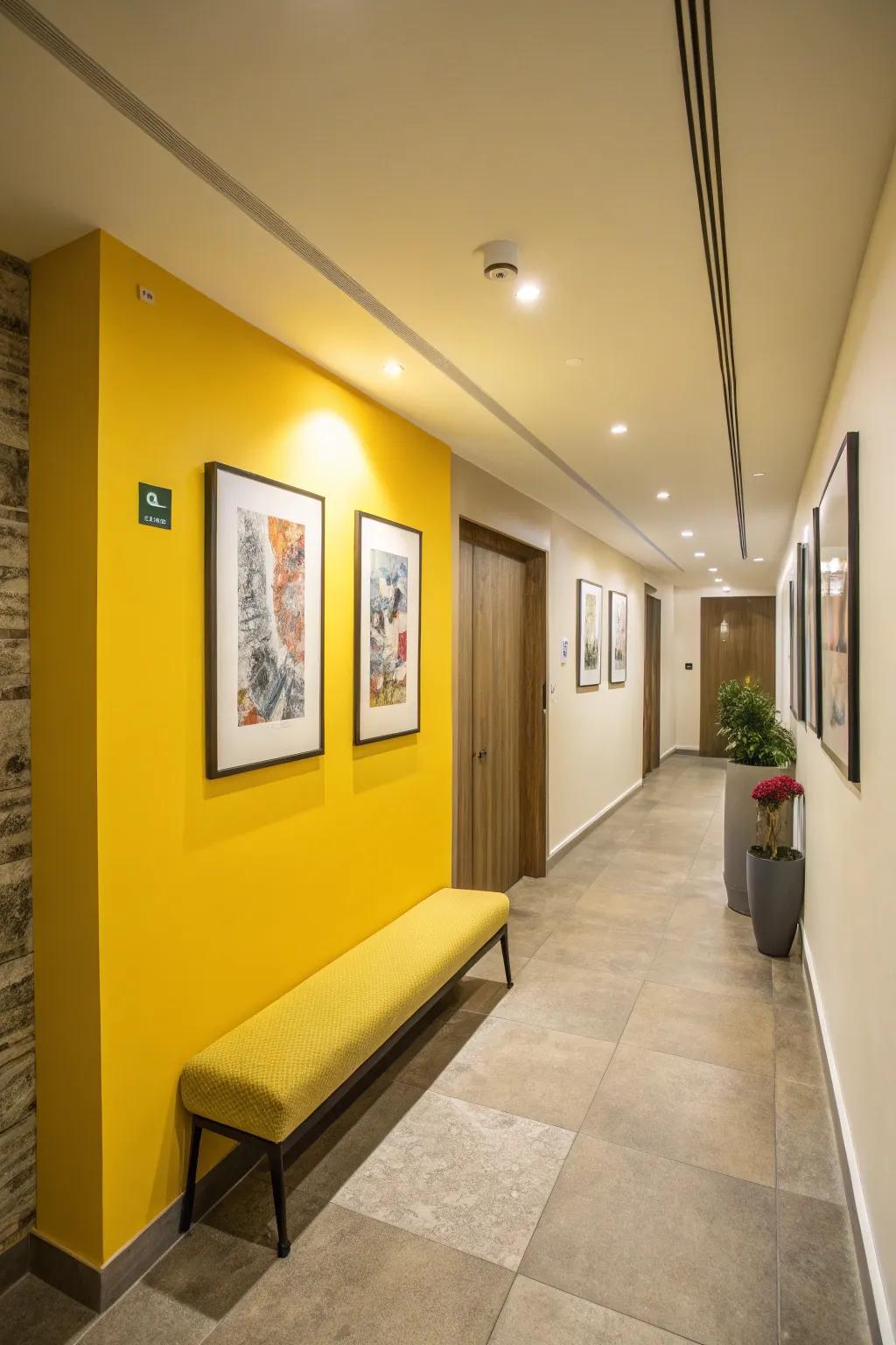 A vivid highlighted wall can convey joy and liveliness to any corridor.