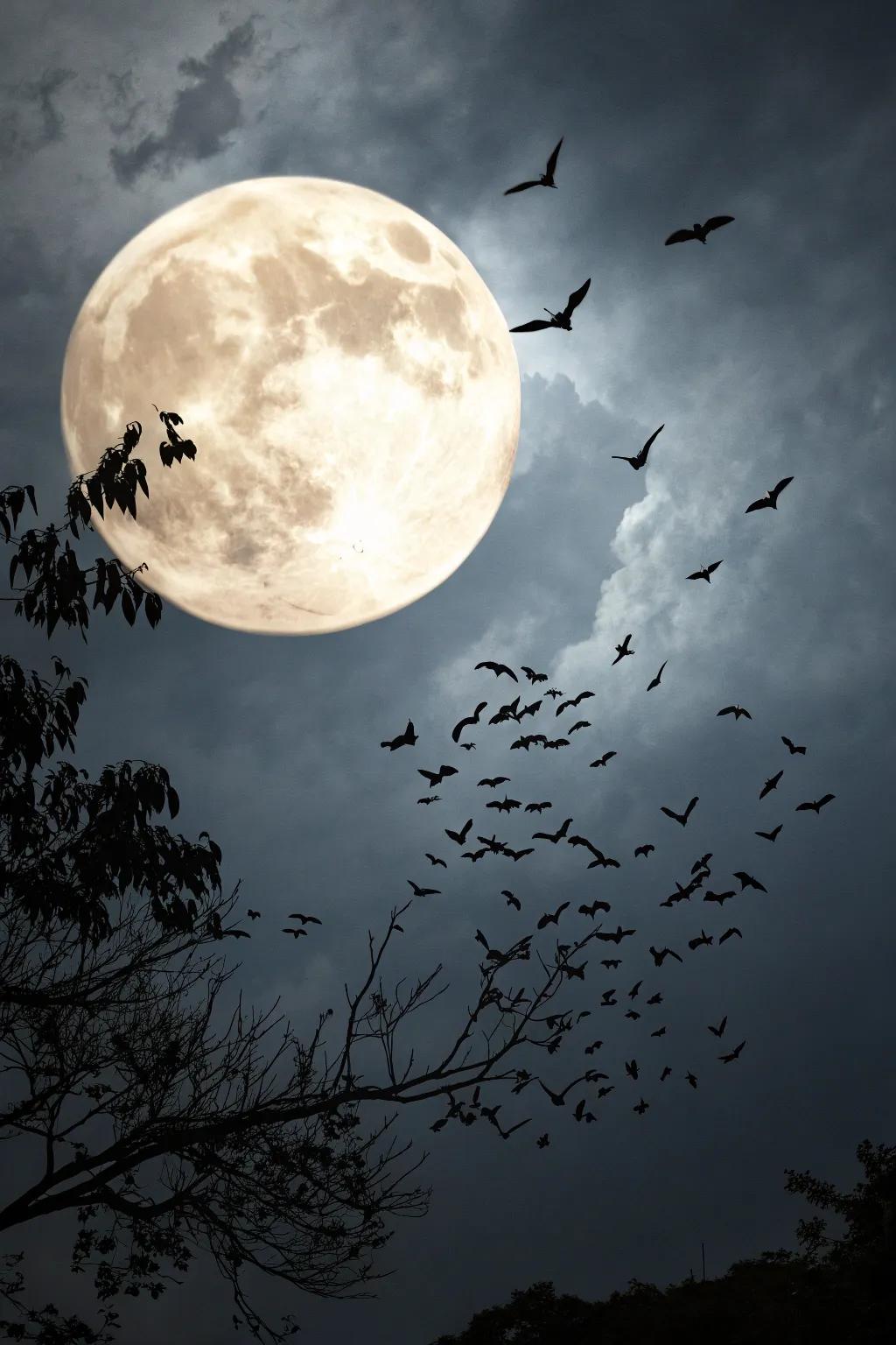 Flying mammals and lunar orb poster capturing the essence of Halloween night.