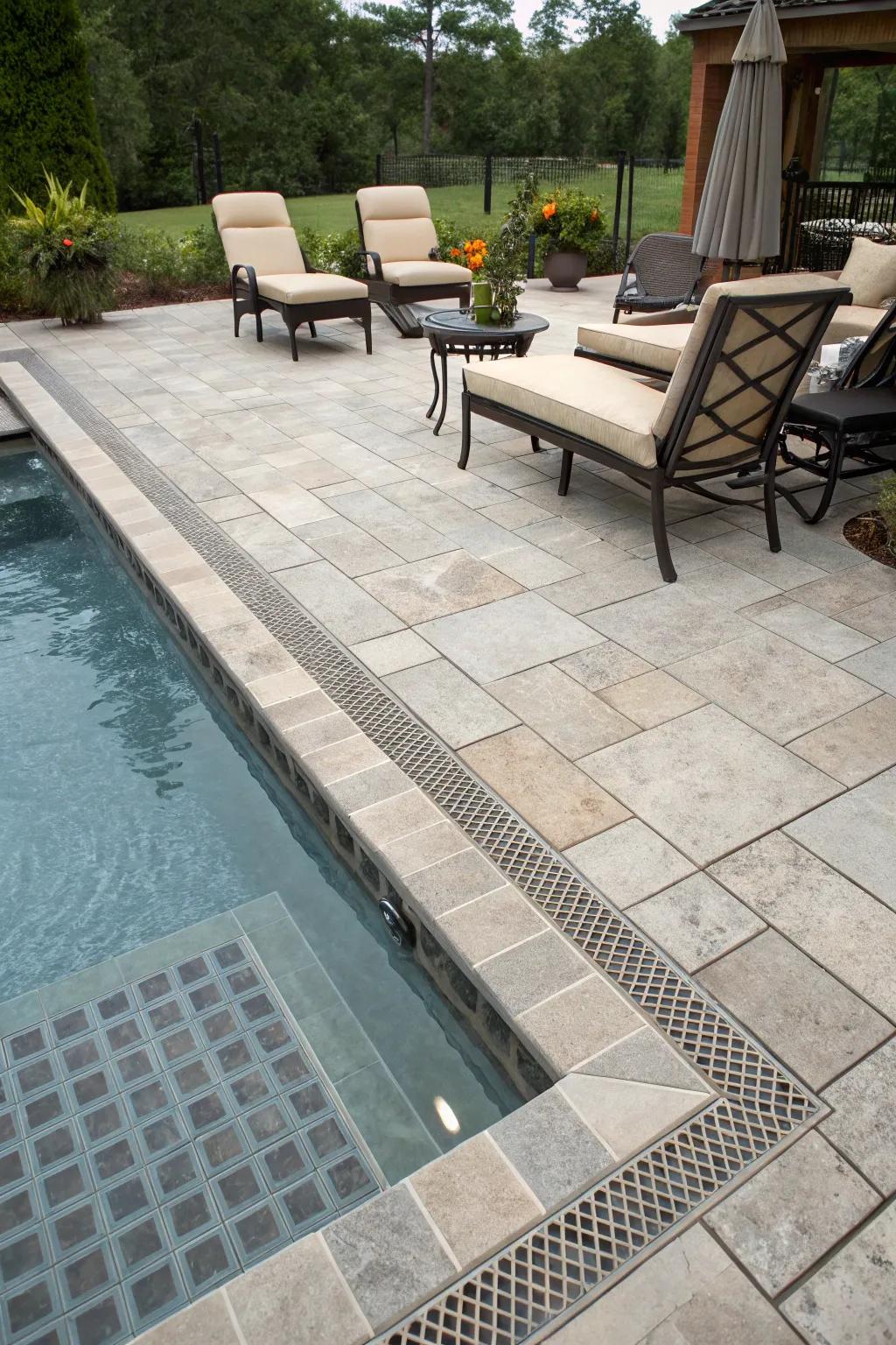 A pool deck adorned with in-tile drains, presenting a consistent surface.
