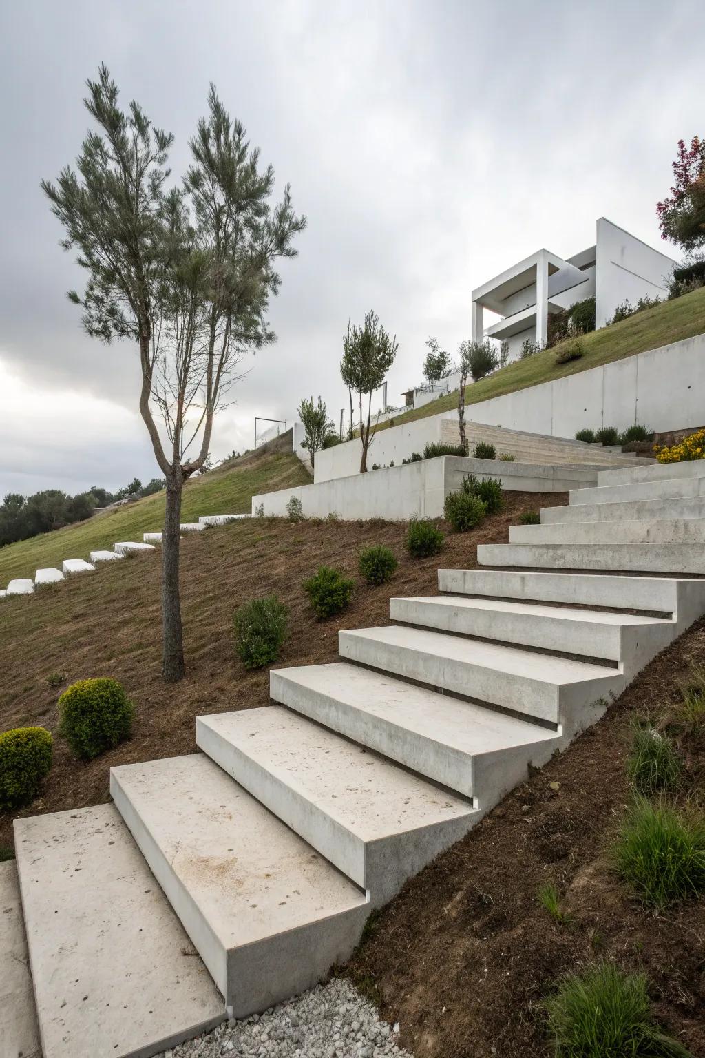 Concrete steps introduce a modern touch to your space.