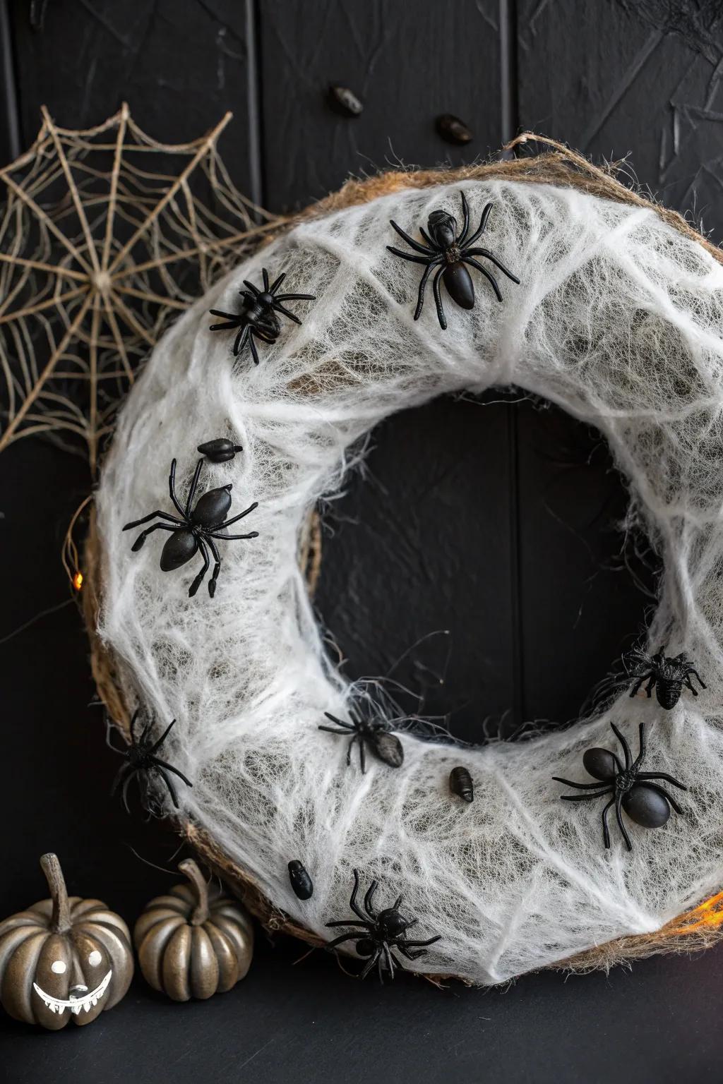 An eerie arachnid web wreath intended to captivate and thrill.