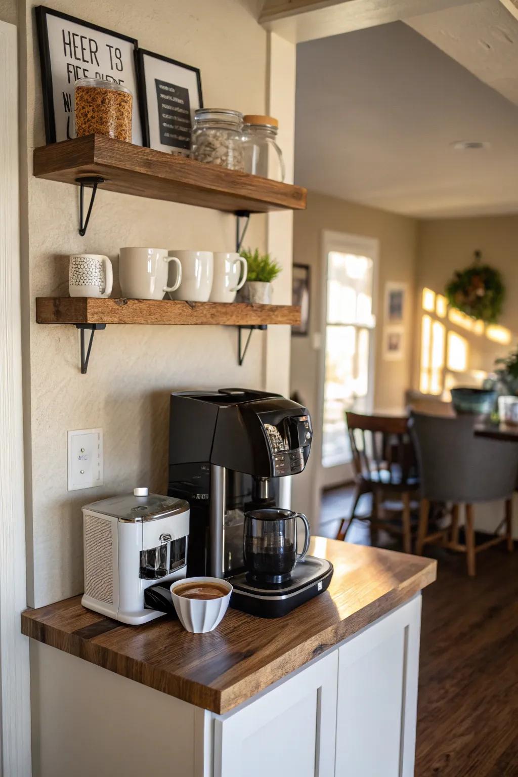 A small corner coffee station provides a warm retreat for coffee enjoyment.