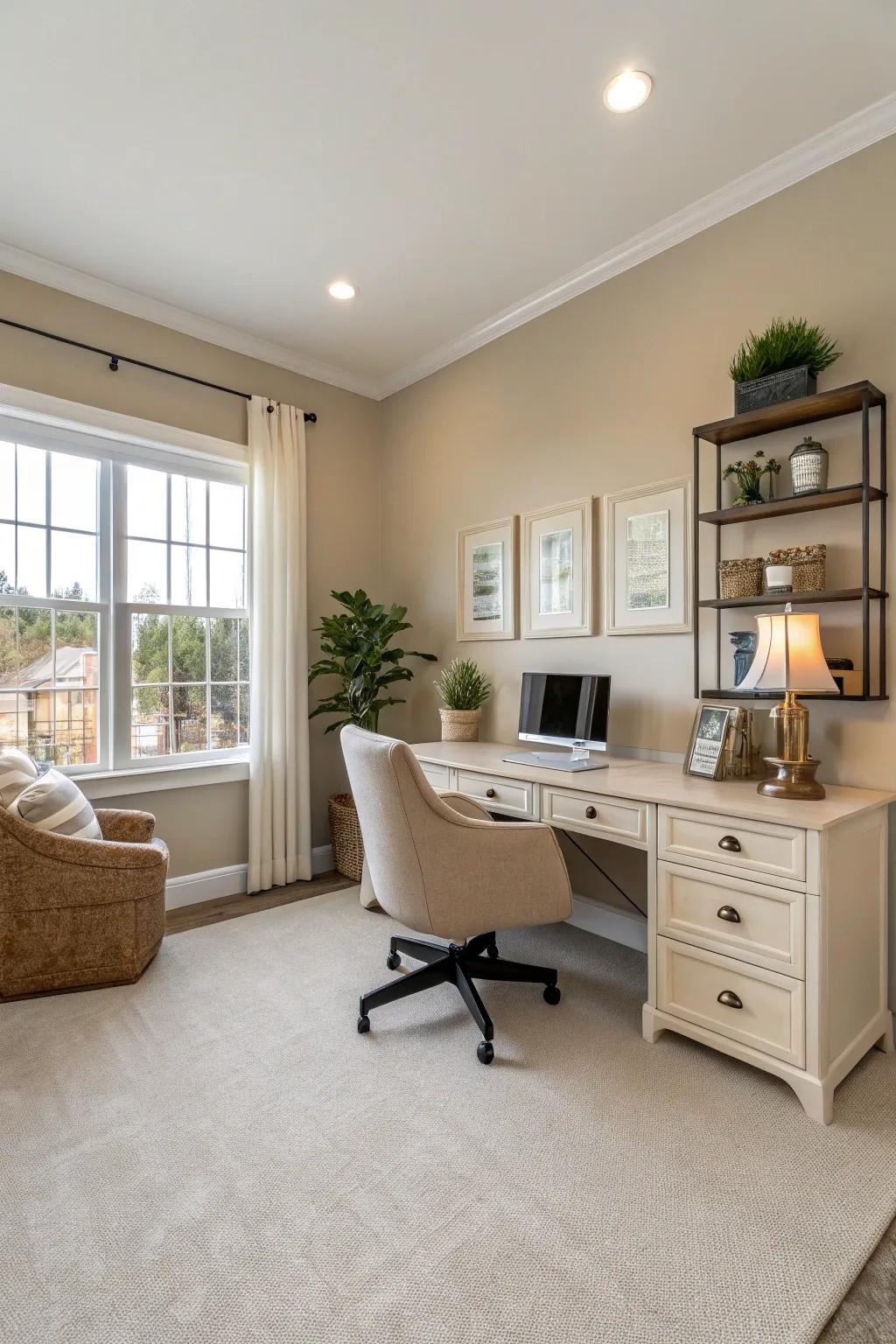Neutral cream partitions fashion a comfortable and inviting personal office ambiance.