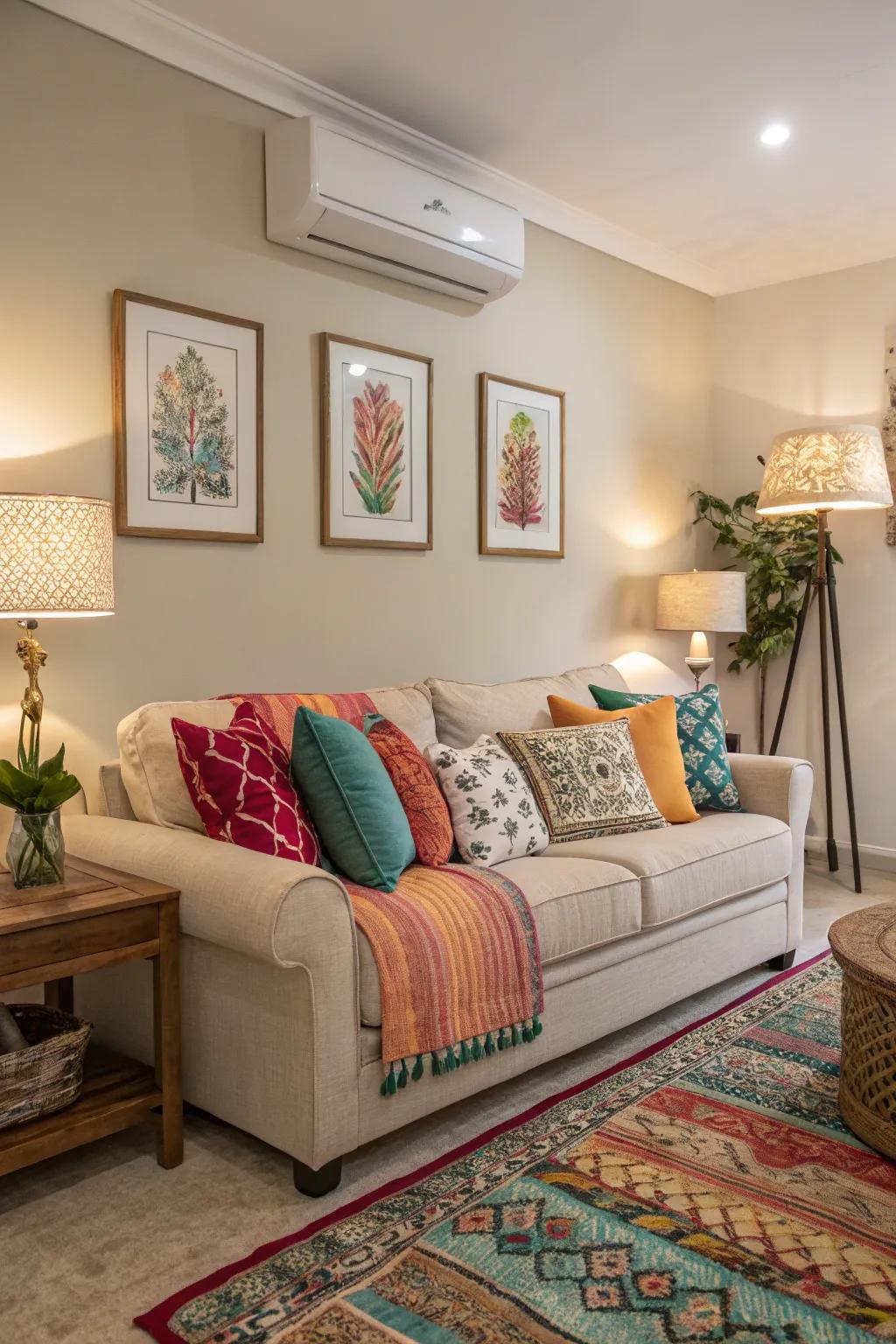 Brightly colored comfort cushions inject vitality into a subdued family room.