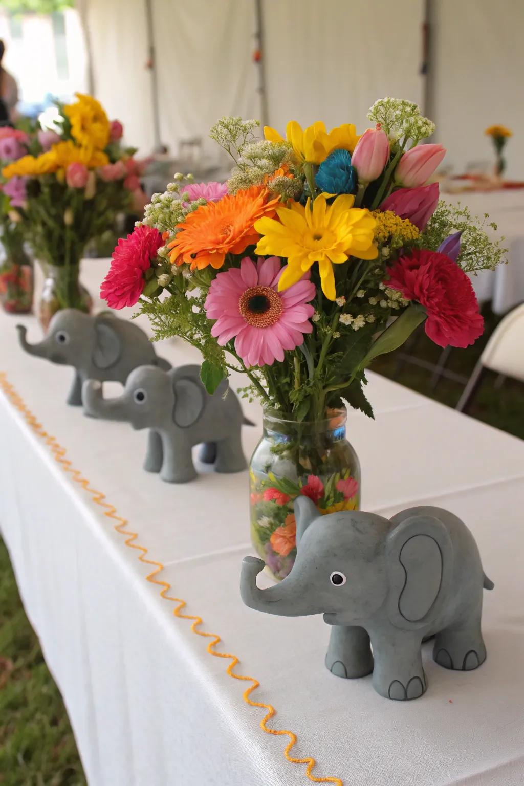 A floral procession of elephants for a celebratory atmosphere.