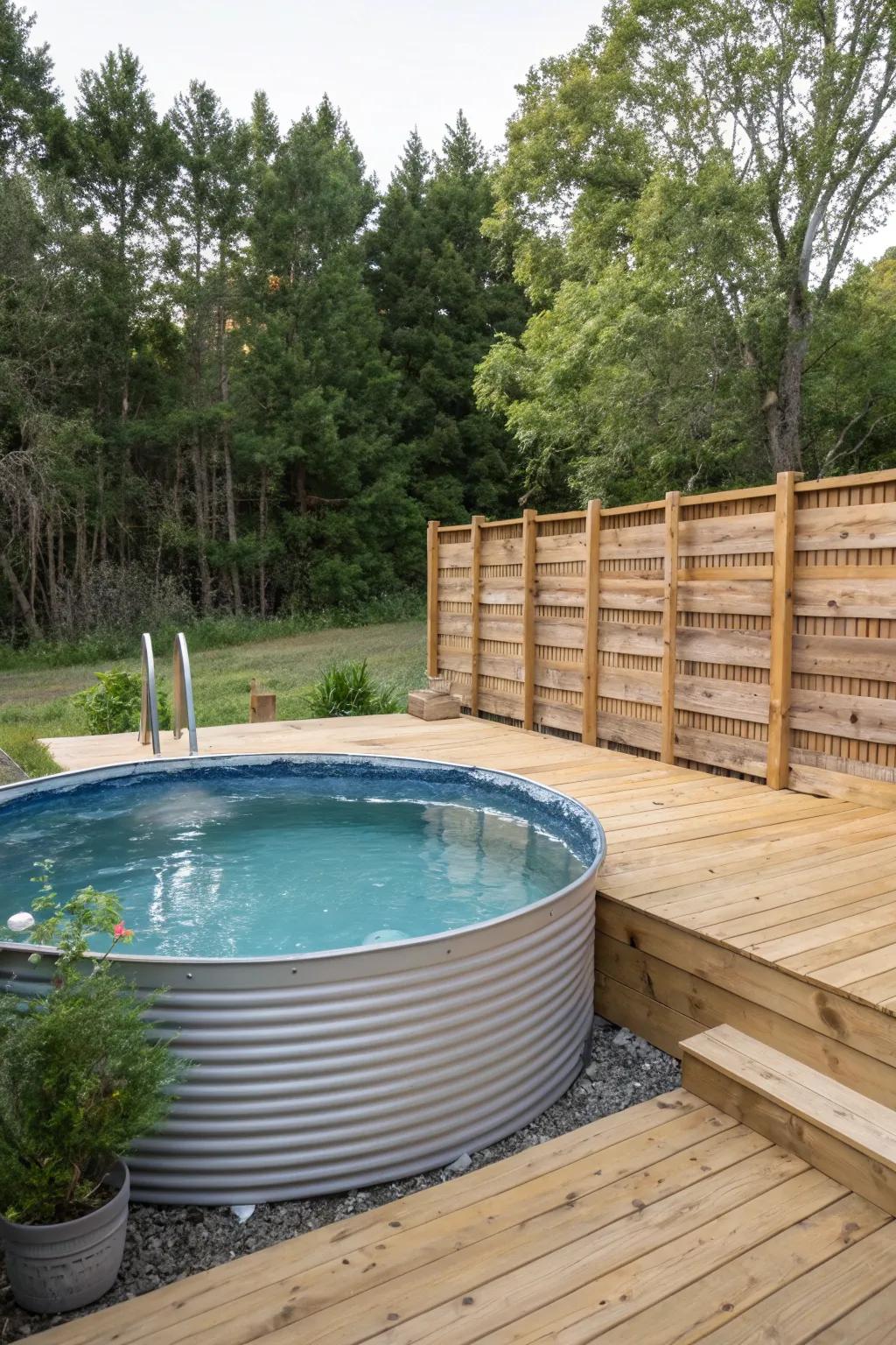 A partially underground pool enhanced with a deck, presenting a sleek and refined look.