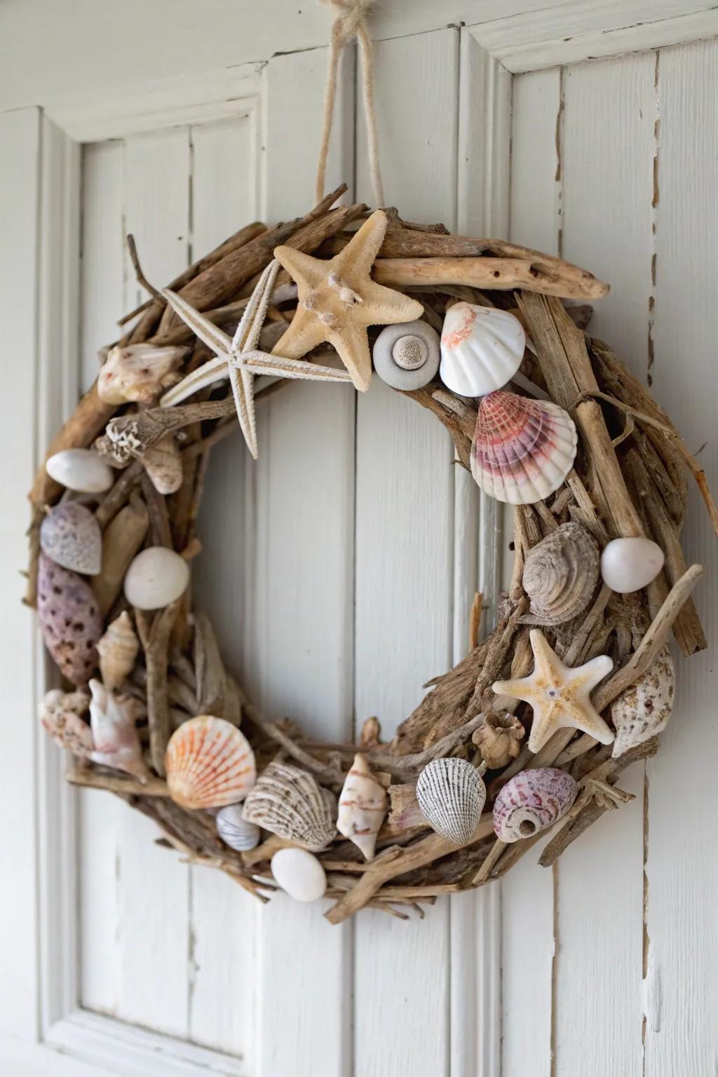 Celebrate coastal beauty with a handcrafted seashell wreath, introducing seaside tranquility to your residence.