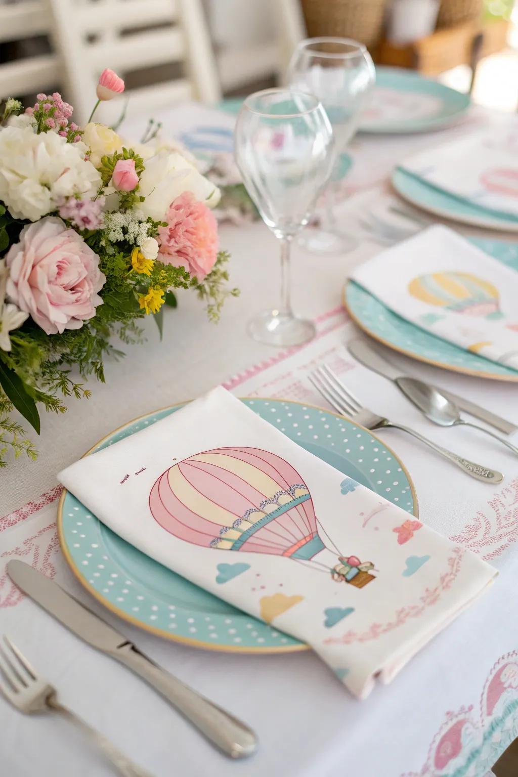 An attractive table arrangement incorporating hot air balloon-inspired components.