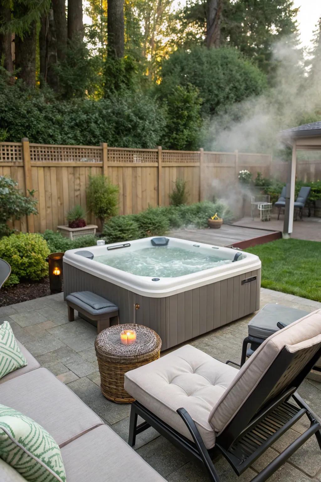 Cozy seats encourage unwinding around the <strong><em>hot tub</em></strong>.” loading=”lazy” class=”pimg”>
	</picture><figcaption>Cozy seats encourage unwinding around the <strong><em>hot tub</em></strong>.</figcaption></figure>
<p>Adding pleasant seating like lounges or Adirondack chairs can make your <strong><em>hot tub</em></strong> spot welcoming and communal. I enjoy hosting companions with an inviting arrangement that encourages extended conversations.</p>
<h3>Give these a look:</h3>
<ul class=