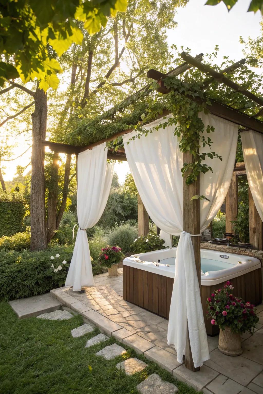 Design a resort-inspired setting with a pergola draped in elegant fabric.