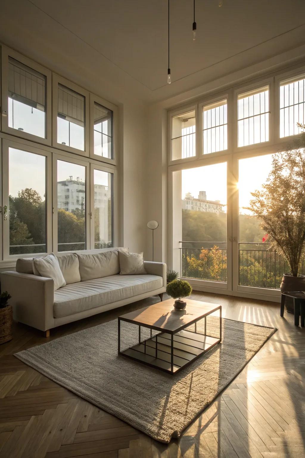 A radiant living space featuring full-height windows, flooding the room with natural light.