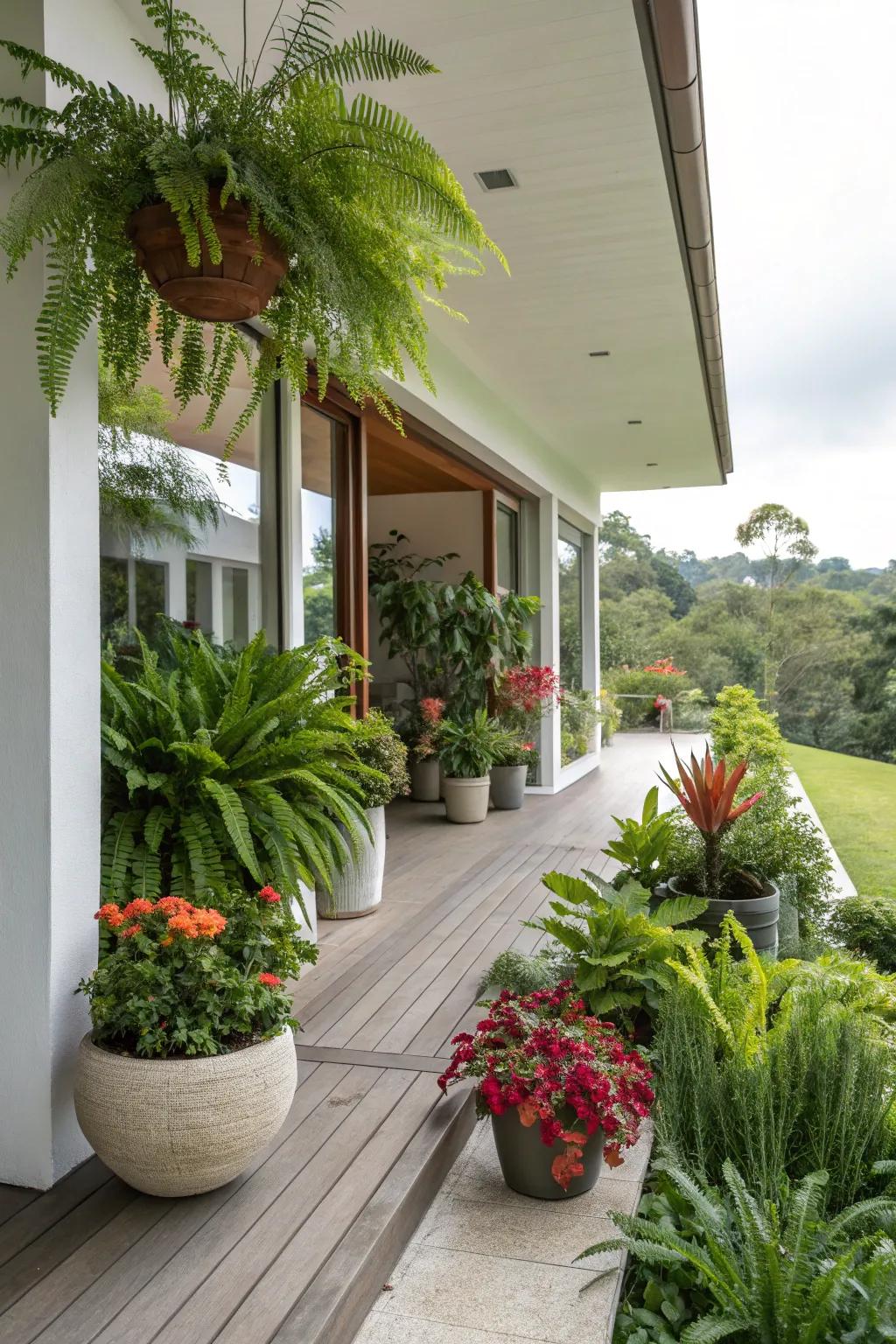 Lush greenery injects life into this contemporary porch setting.