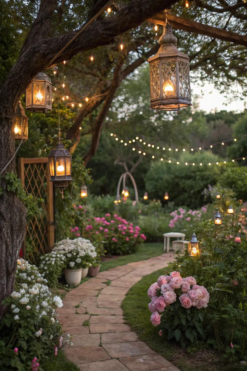 Design a magical outdoor space with hanging lanterns and twinkle lights.