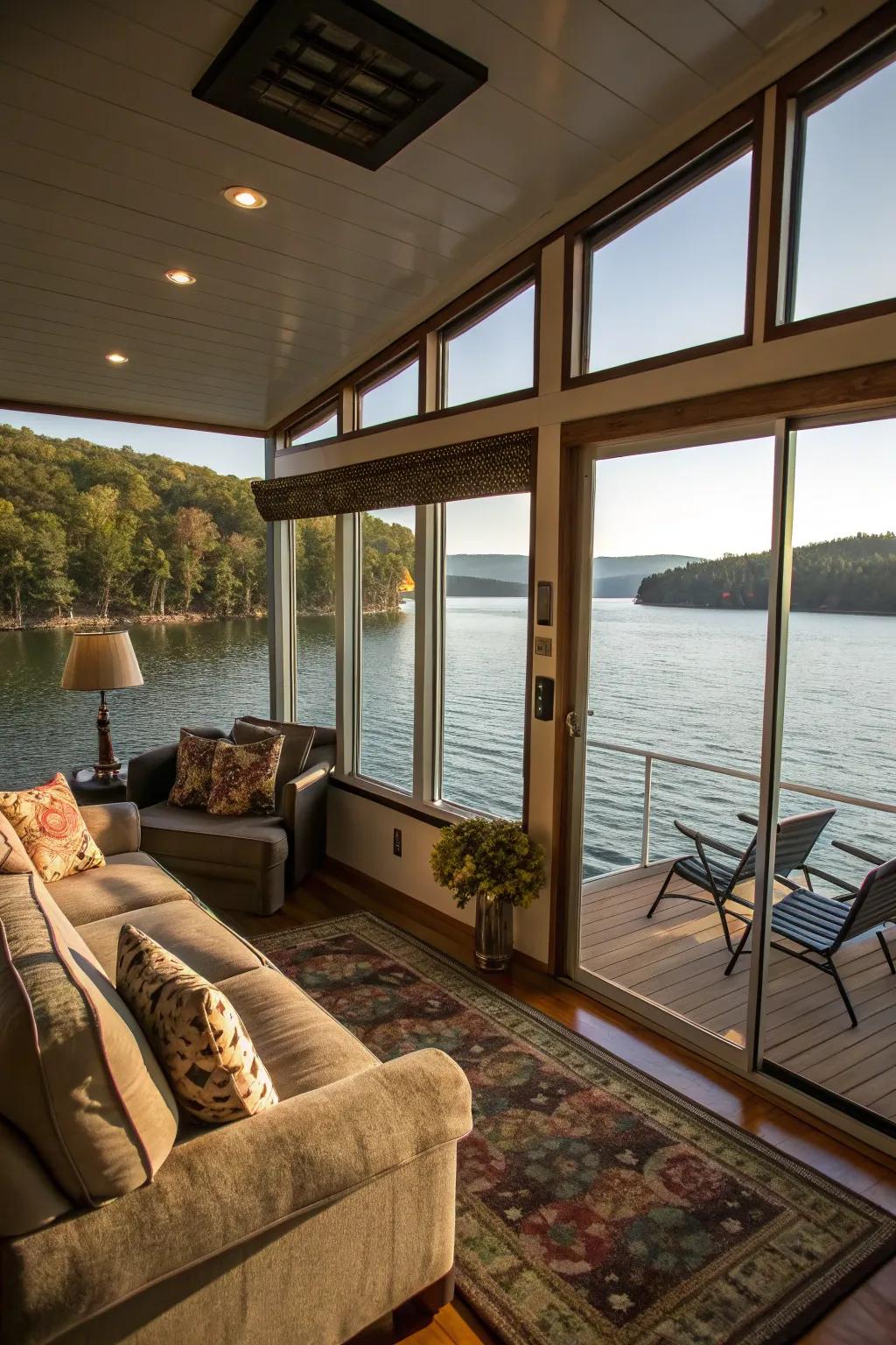 The living area of this houseboat features big windows that let in plenty of light and showcase views.