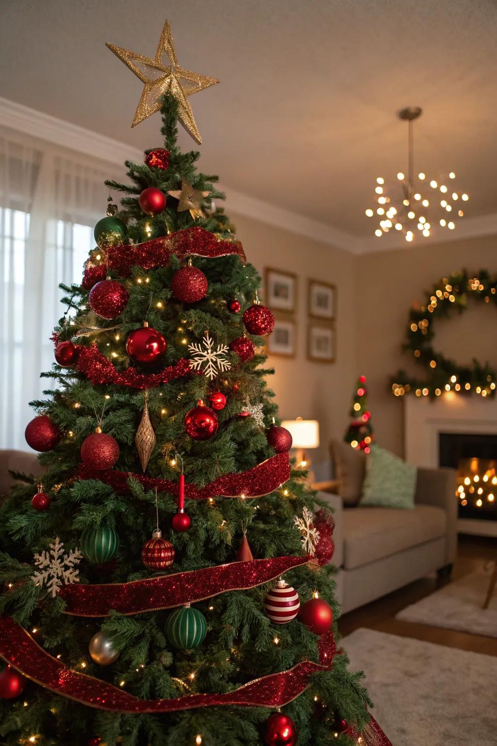 A classic Christmas tree showcasing red and green decorations, ensuring a timeless feel.