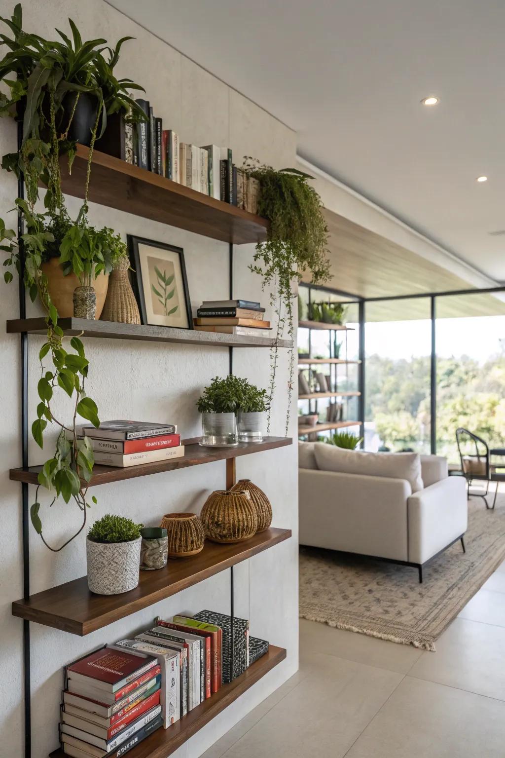 Shelving units bring both usefulness and style to big walls.