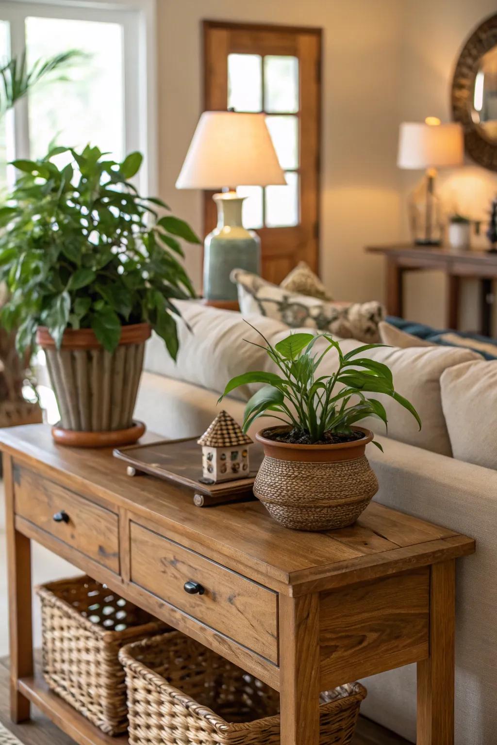 A touch of greenery breathes life into a sofa table.