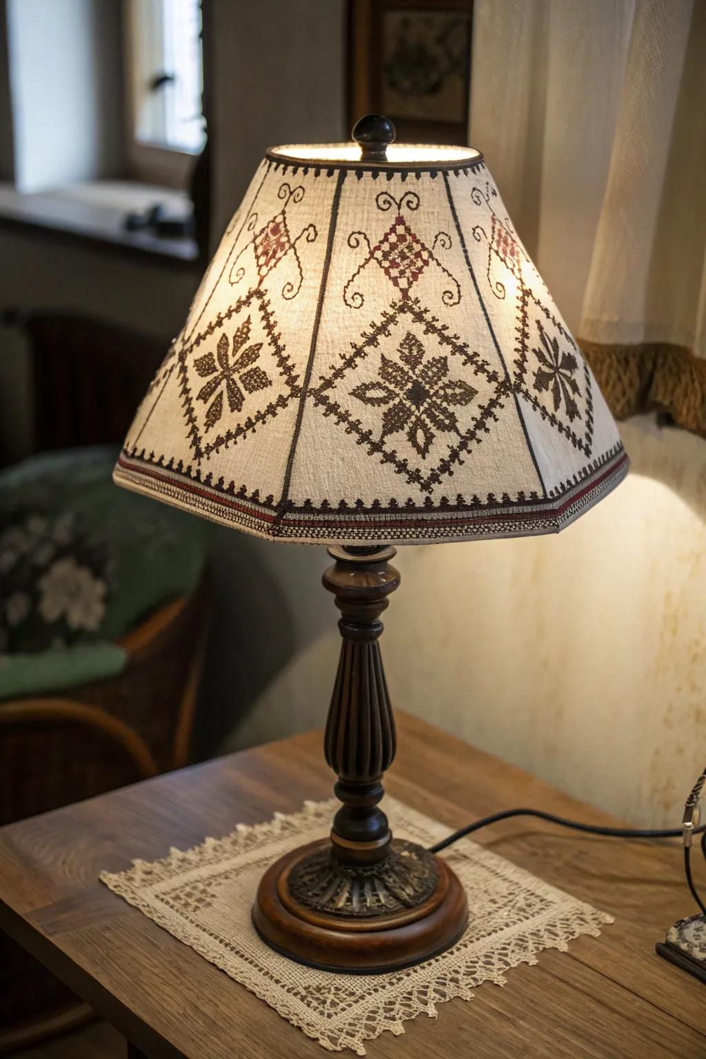 Cross-stitch light shields add a personal touch to your lighting.