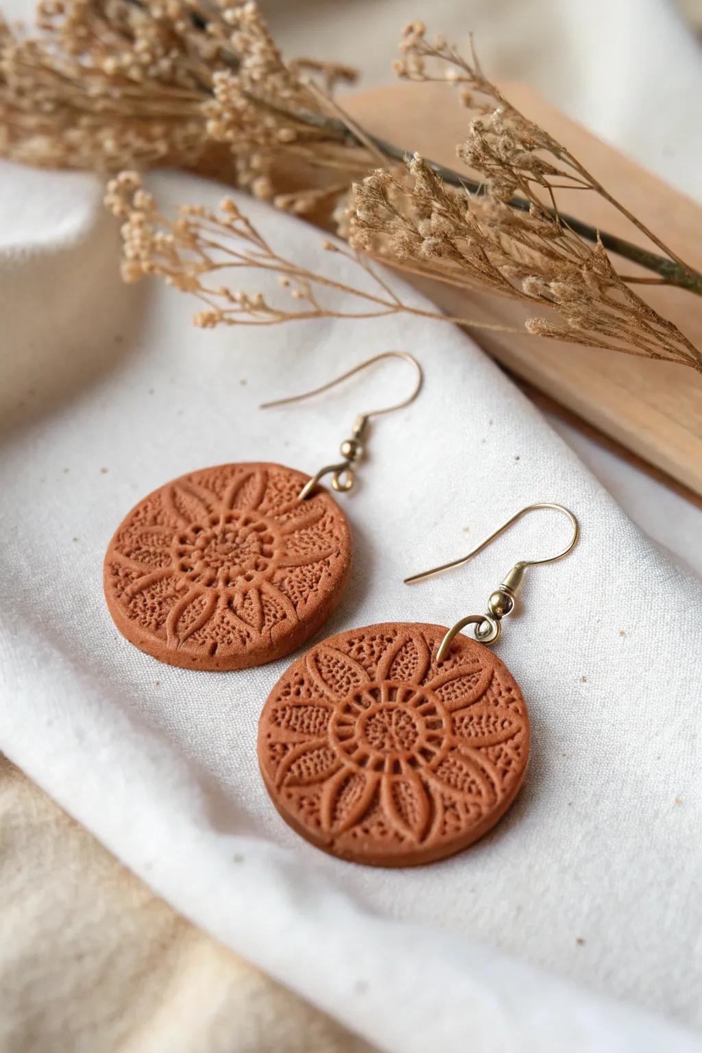 Embrace rustic elegance with these textured earth clay earrings, where intricate lace patterns meet Scandinavian minimalism.
