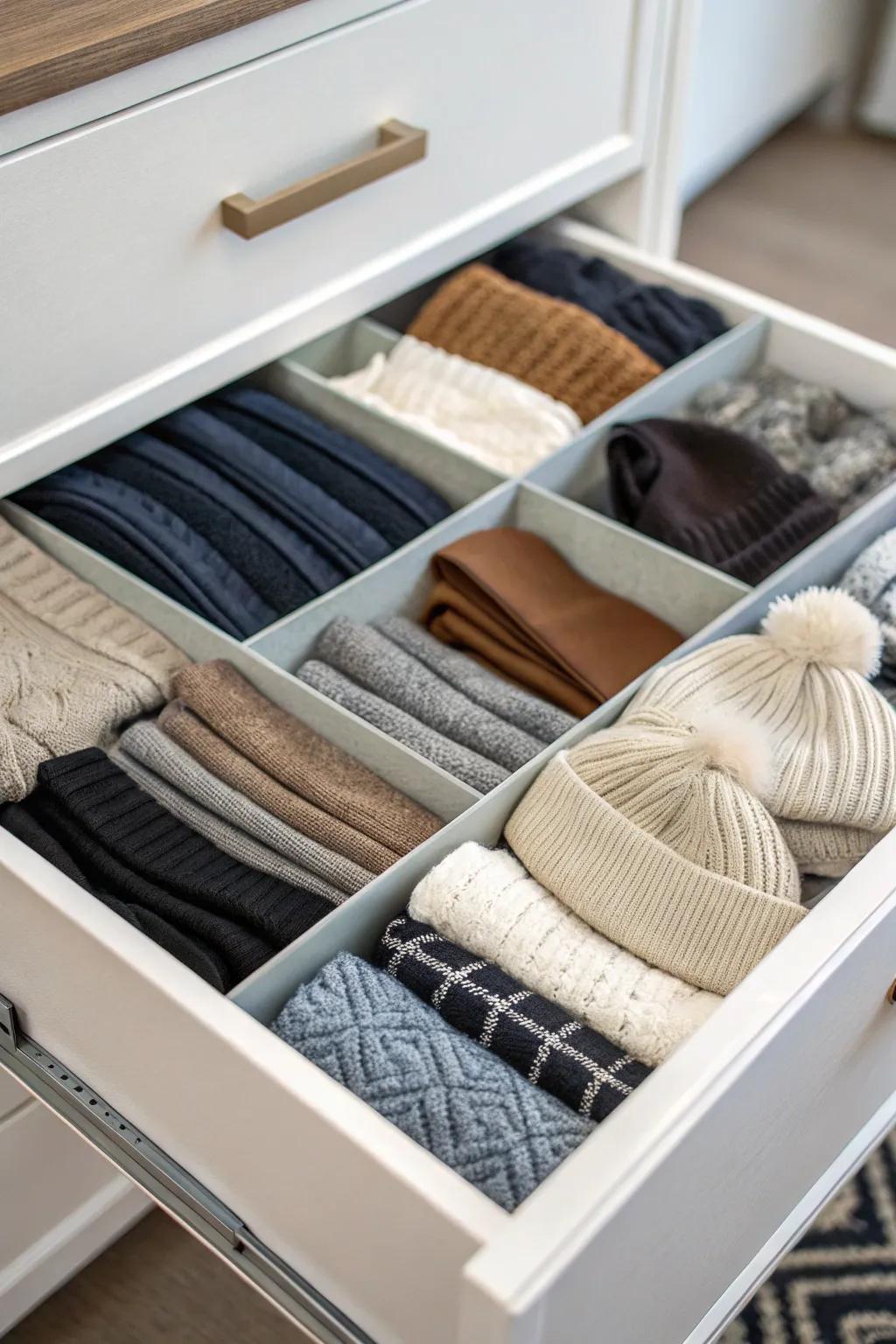Categorized storage in a dresser drawer for quick and easy access.