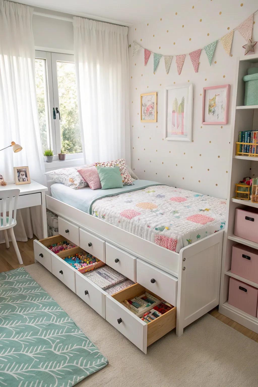 Furniture that does more is a smart way to get more storage in a kid’s room.
