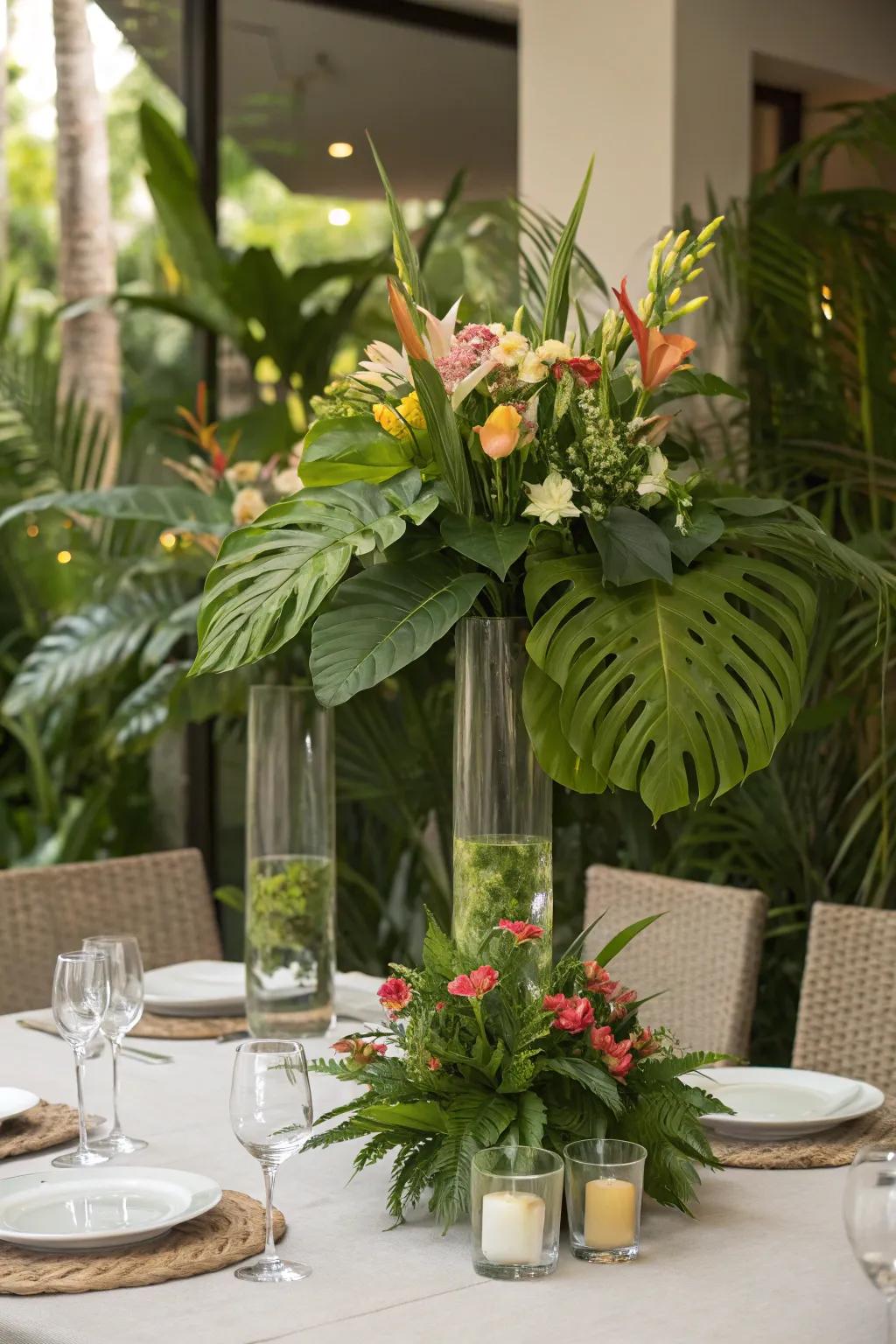 Clear vases encircled by full-bodied greenery, infusing any space with a natural touch.