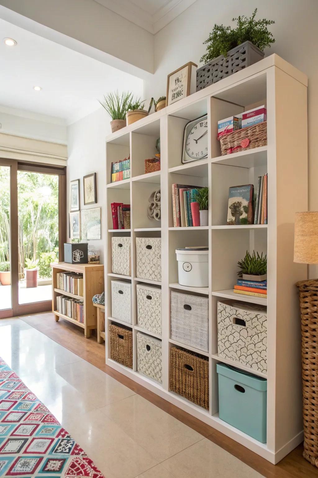 Shelves with dual uses provide both visual appeal and storage capabilities.